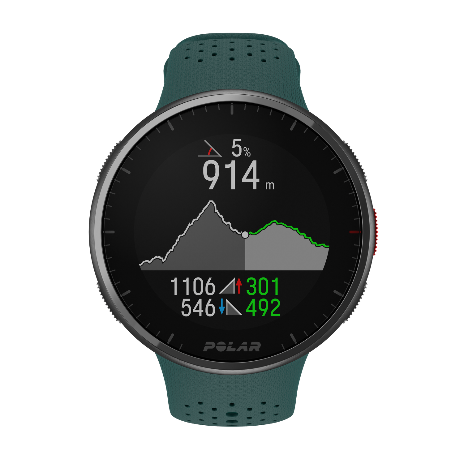 Reloj verde con pantalla que muestra un gráfico de montaña. Fondo negro.
