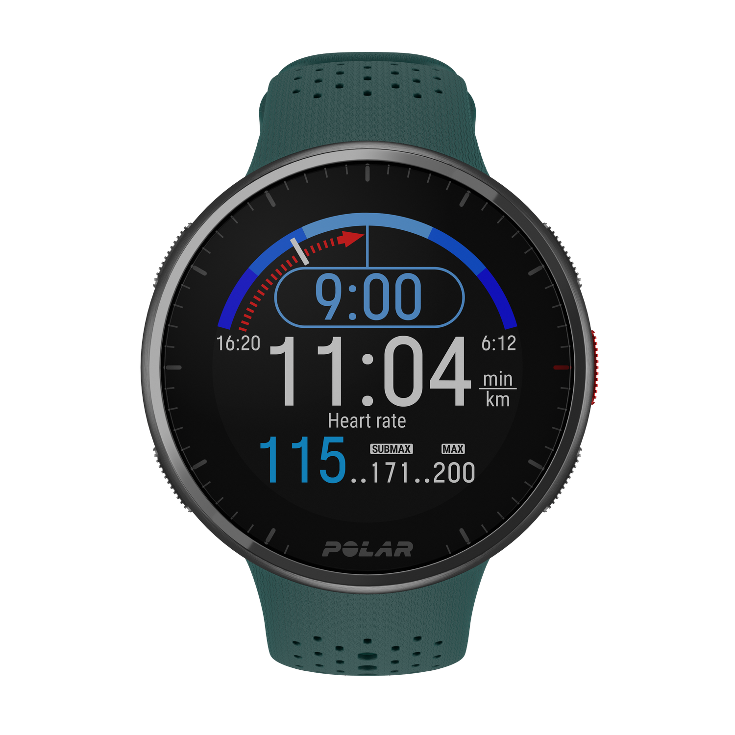 Un smartwatch muestra la hora y la frecuencia cardíaca, correa verde.