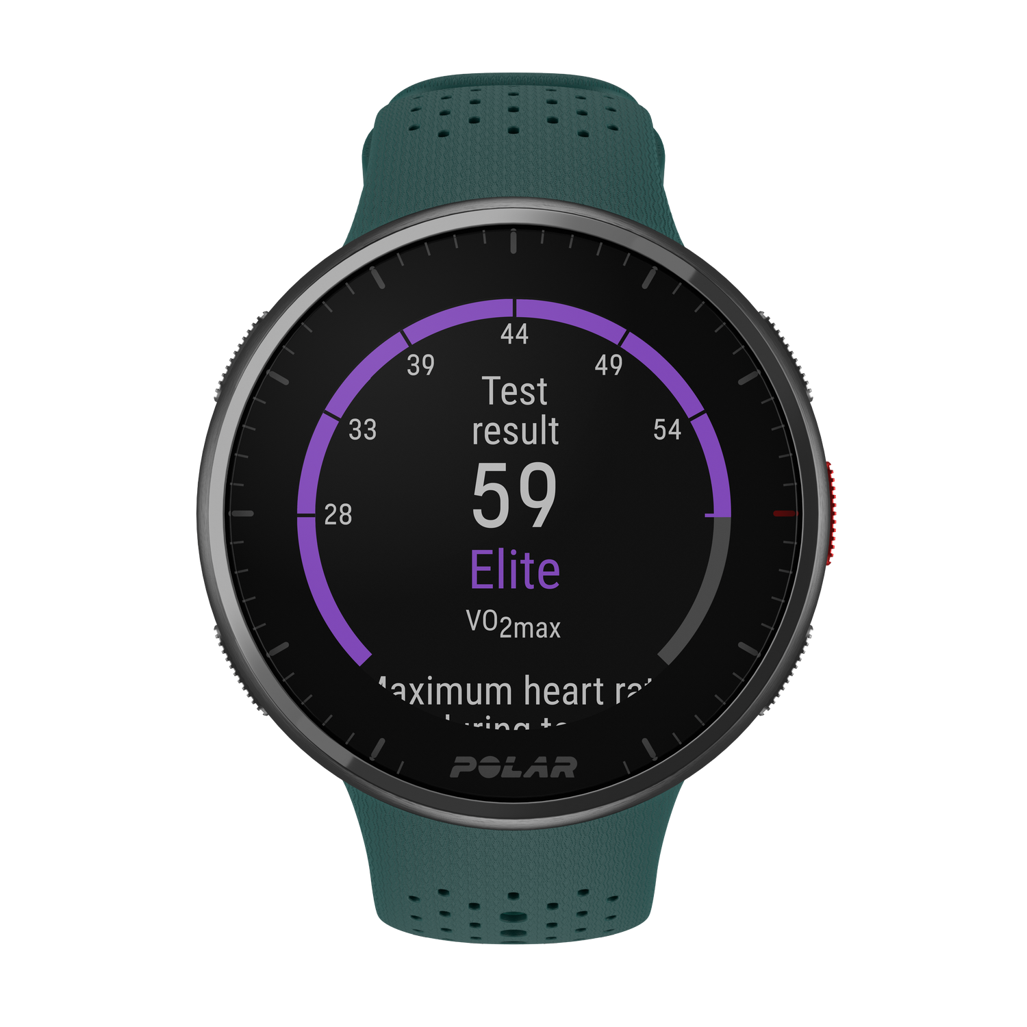 Pantalla de reloj inteligente verde mostrando resultados de pruebas y datos de fitness.