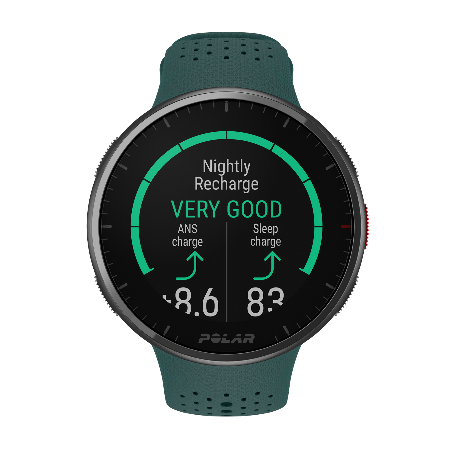 Pantalla de reloj inteligente mostrando 'Nightly Recharge' con estado 'VERY GOOD' y datos.