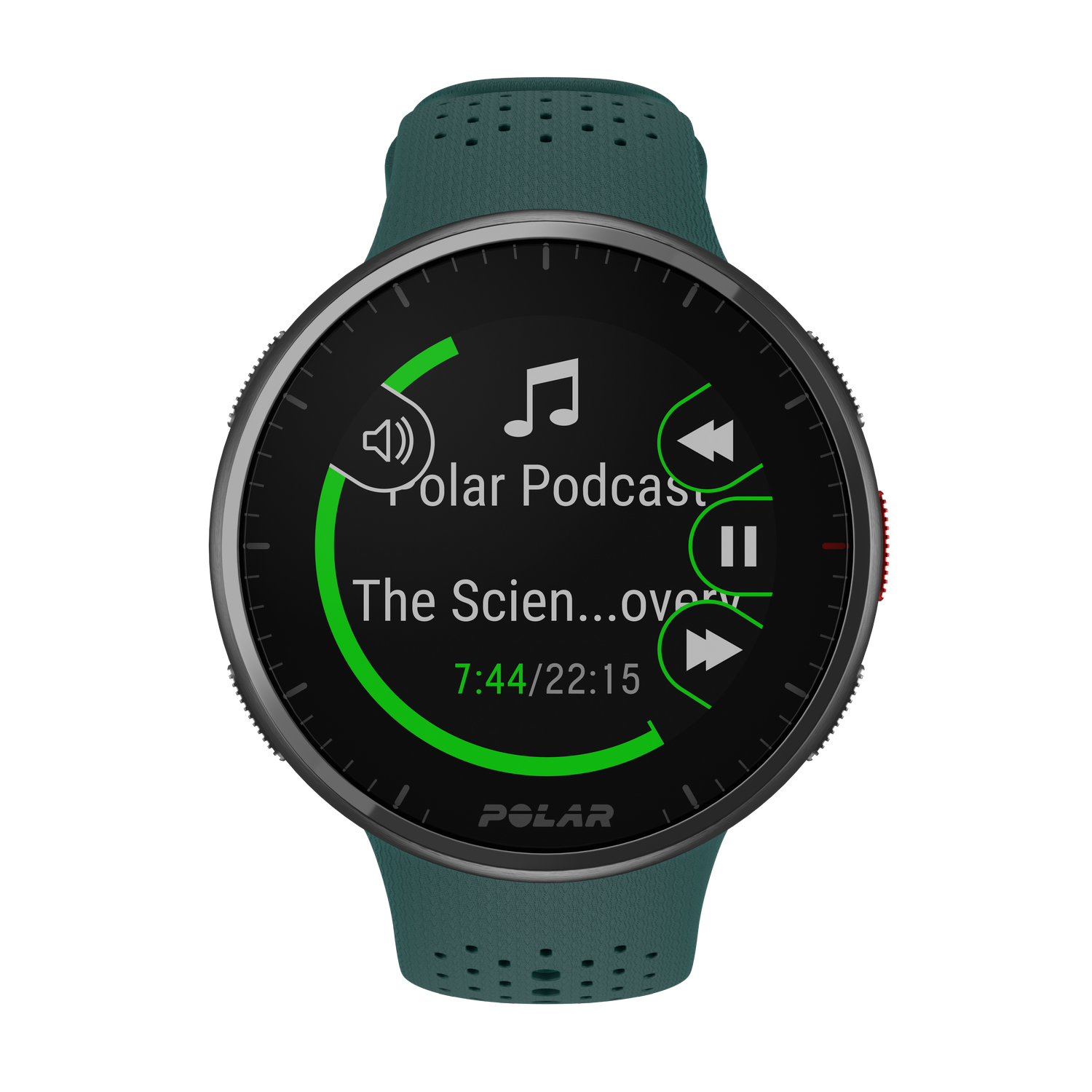 Reloj Polar verde que muestra controles de música e información de podcast. El reloj tiene una correa verde.