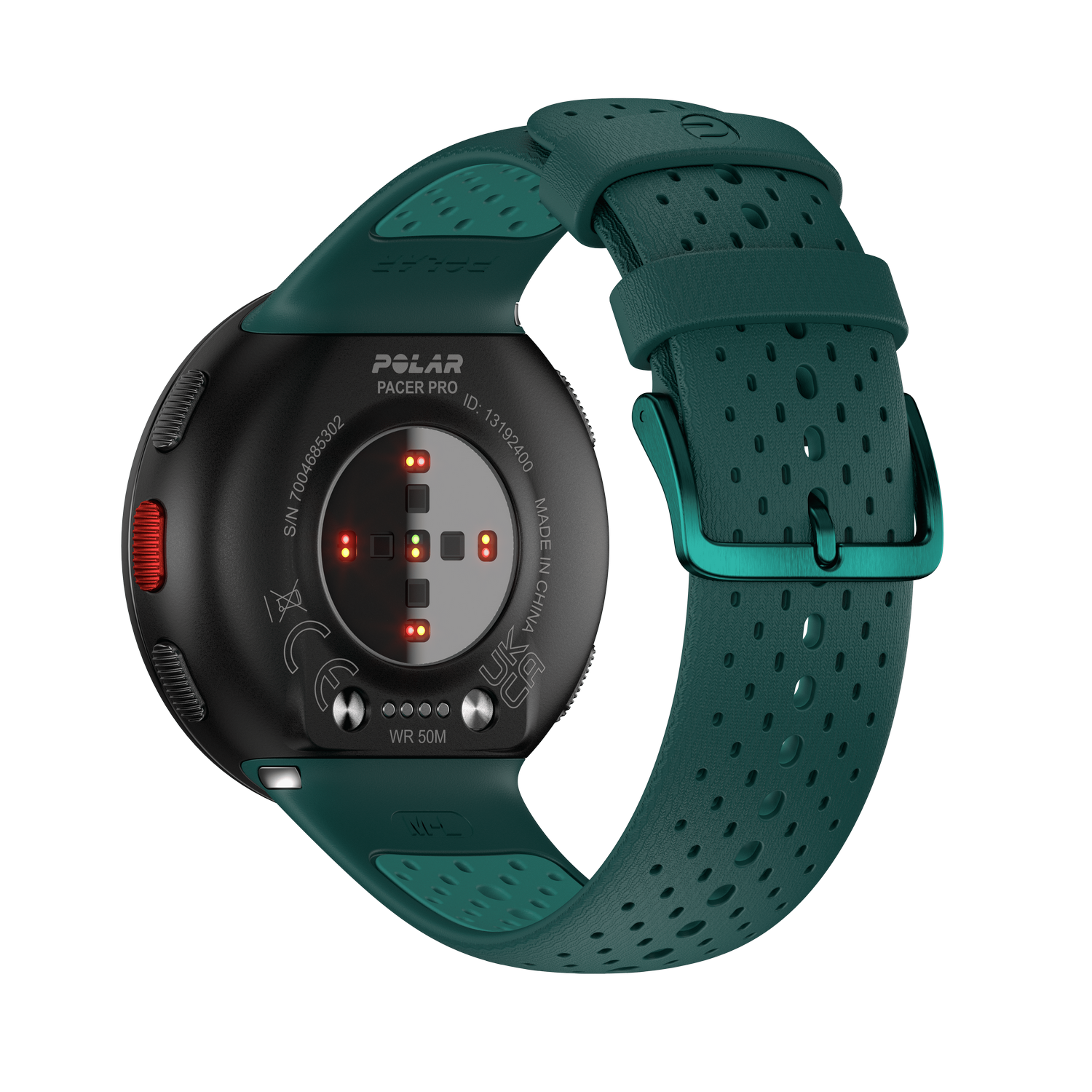 Parte trasera de un reloj Polar verde que muestra la marca, el modelo y otros detalles. Tiene una correa verde.