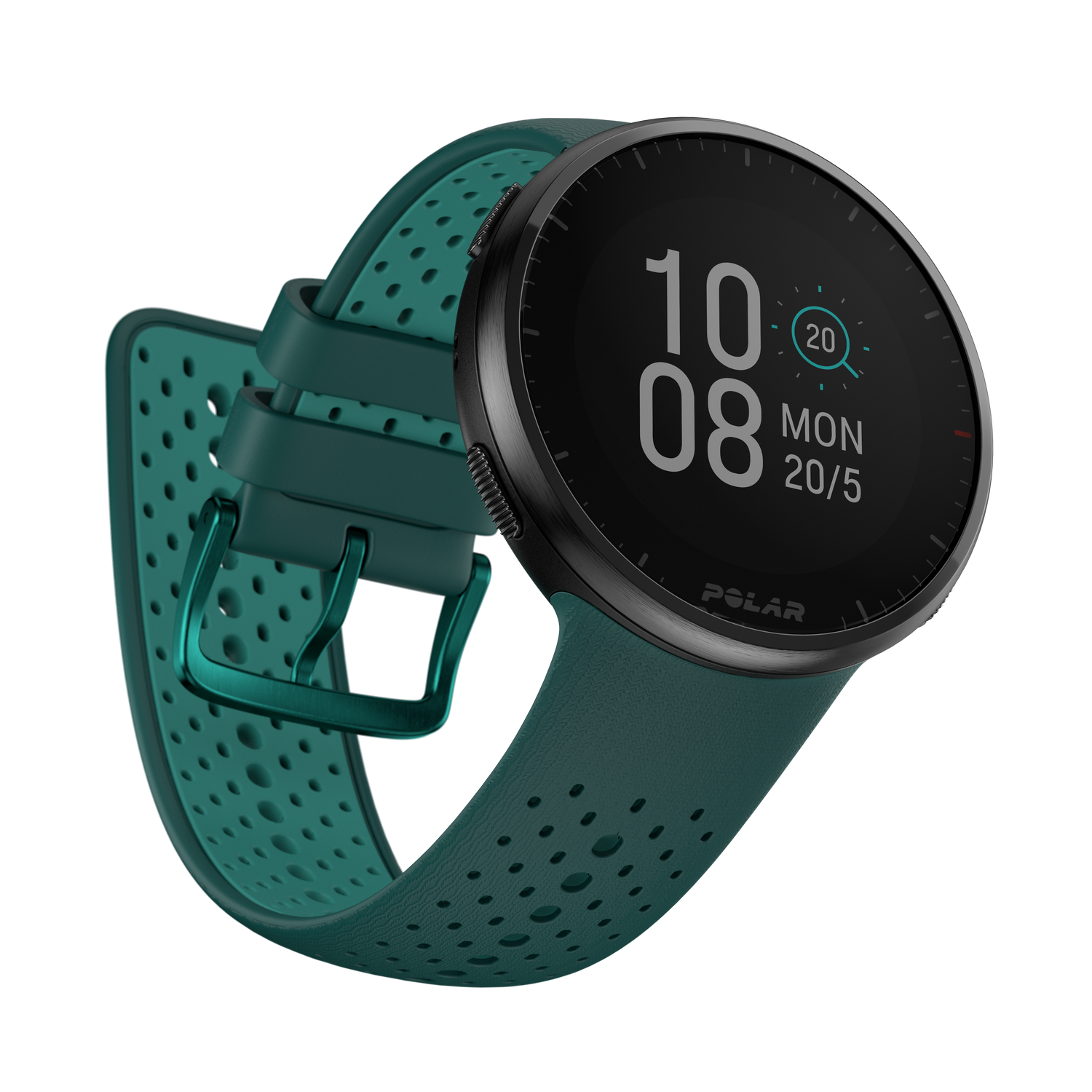 Un reloj deportivo verde azulado con bisel negro muestra la hora y la fecha sobre fondo oscuro.