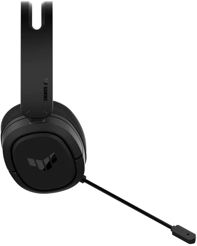 Fekete gamer headset mikrofonnal, fekete háttér előtt.