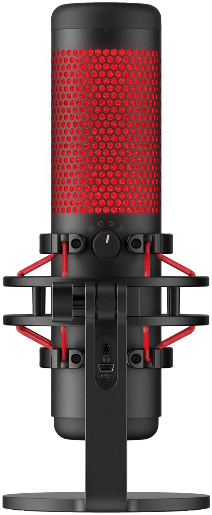 Een zwart en rode microfoon met een standaard. De microfoon is in vooraanzicht met een rood gaas.