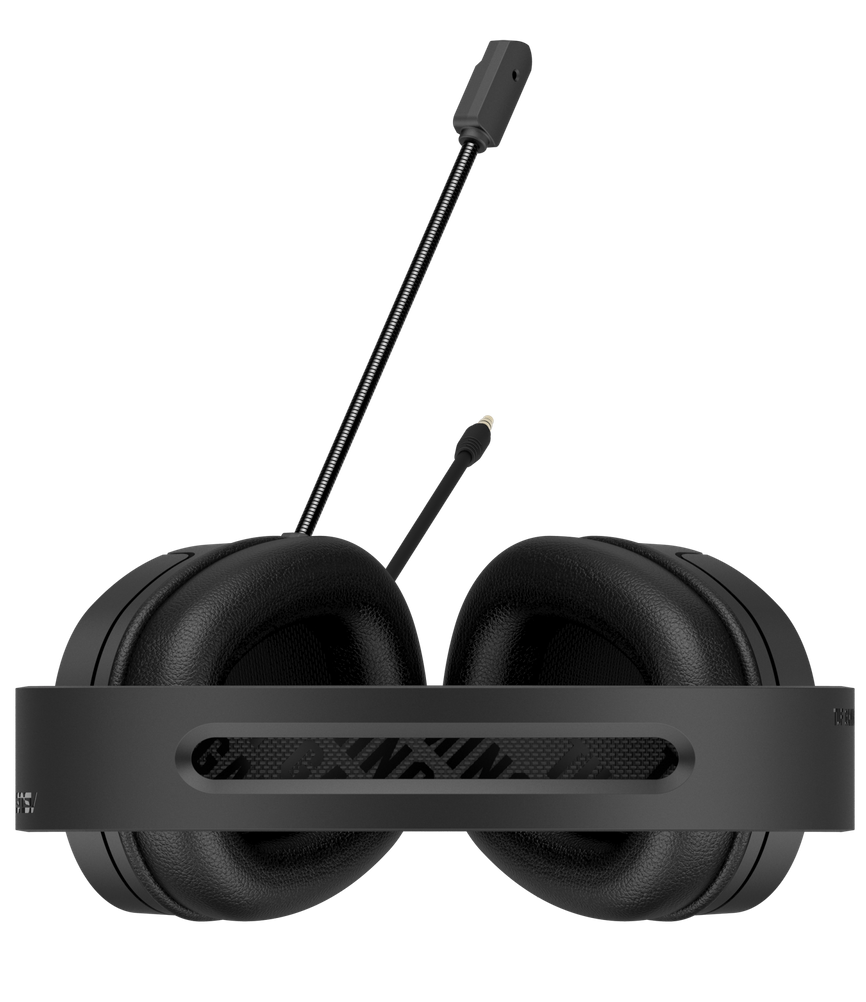 Egy fekete headset mikrofonnal. A fejpánton logó van. A fülkagylók feketék.