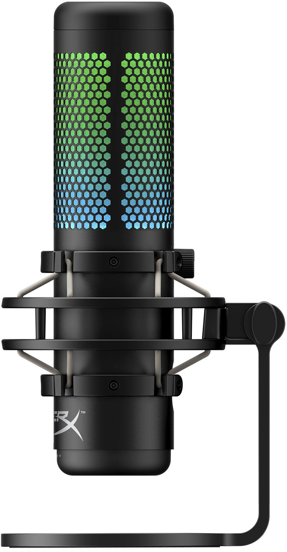 Zwarte microfoon met honingraatpatroon licht. Het heeft een standaard.