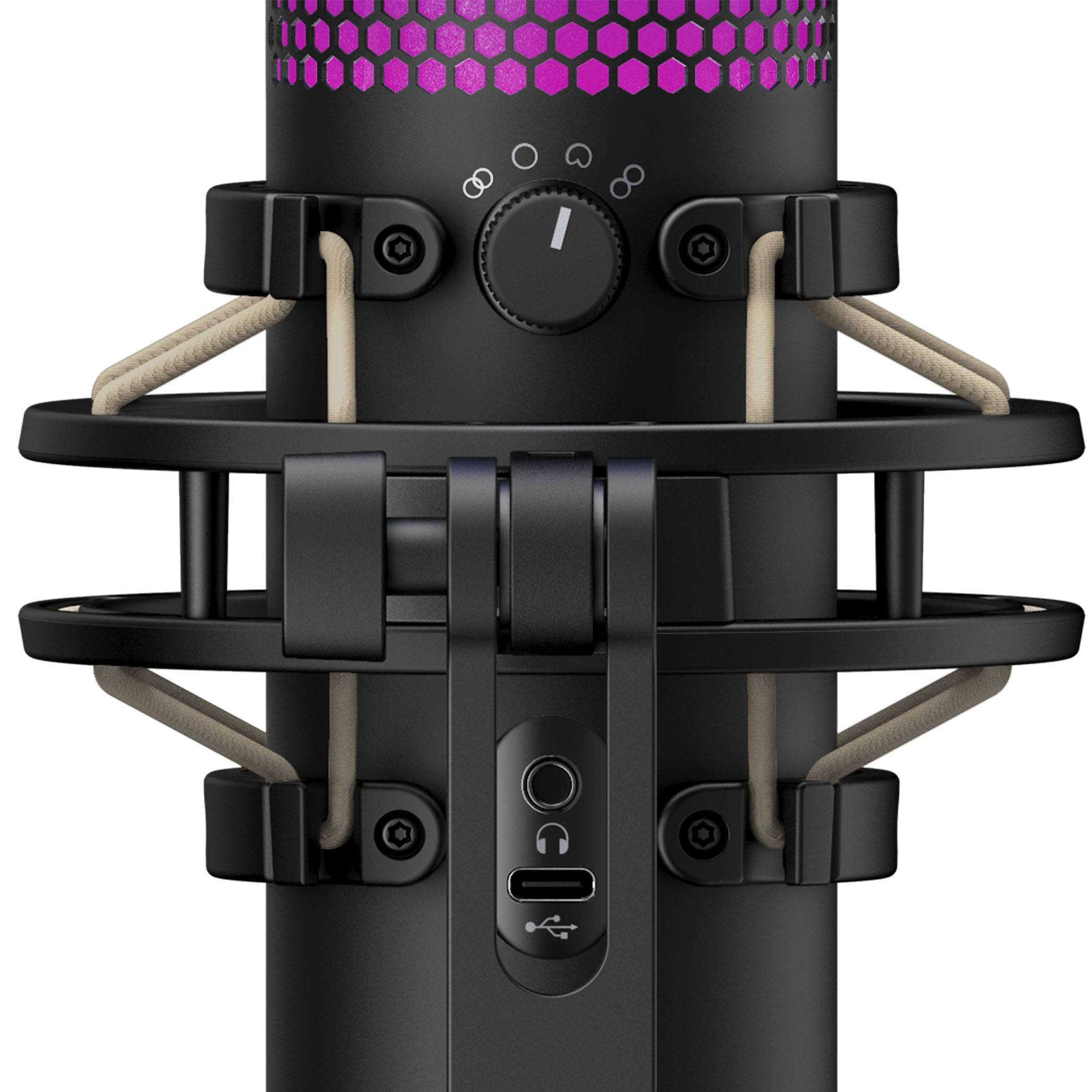 Zwarte microfoon met een zilveren ring, een draaiknop en een USB- en audiopoort.