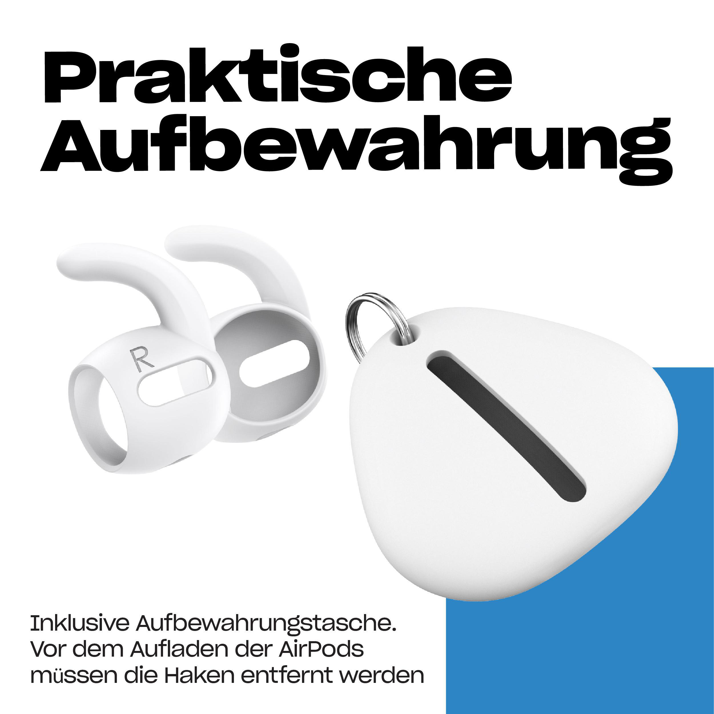 Weiße Ohrhörer-Zubehörteile mit weißem Gehäuse. Text auf Deutsch: Praktische Aufbewahrung.