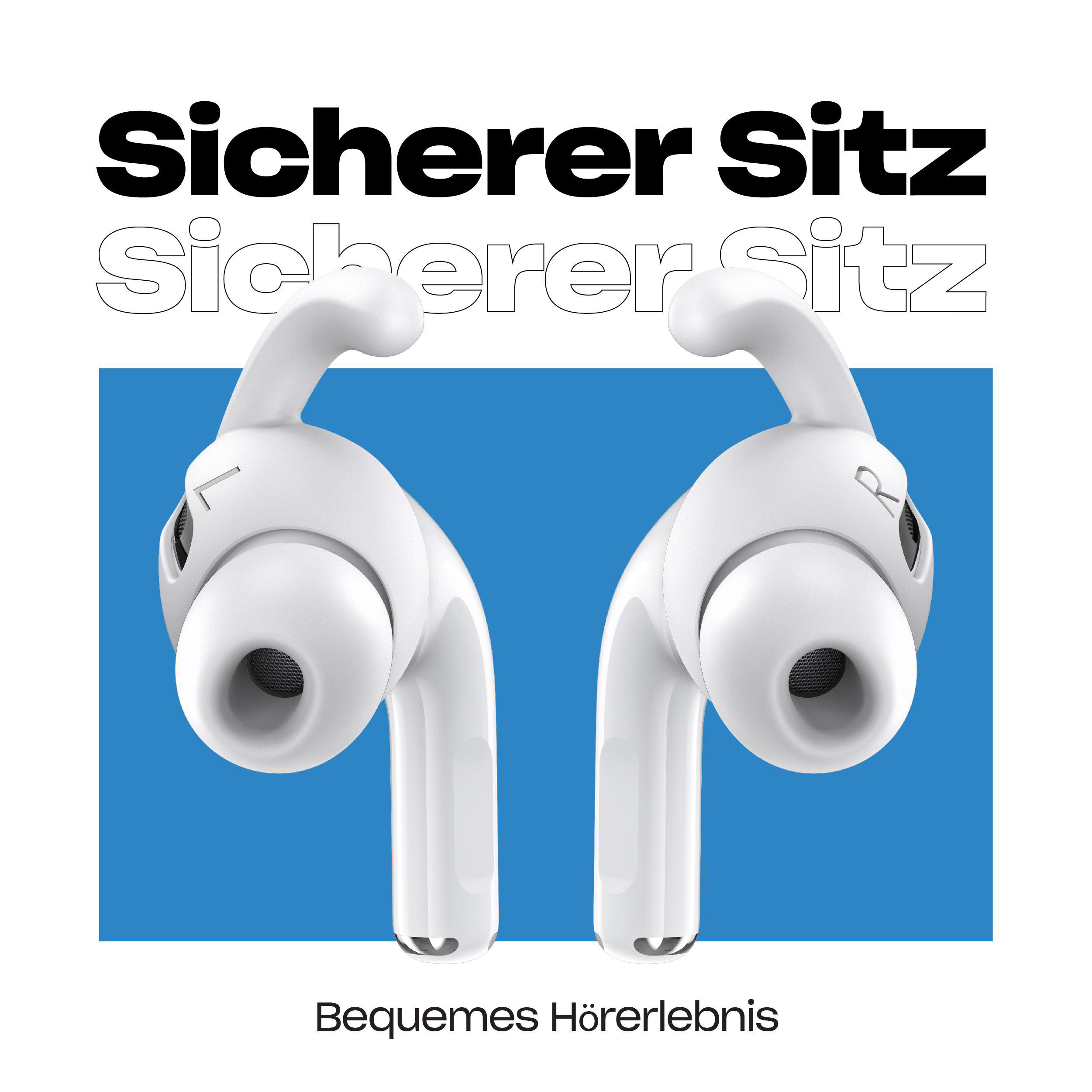 Zwei weiße kabellose Ohrhörer mit blauem Hintergrund und Text über sicheren Sitz.