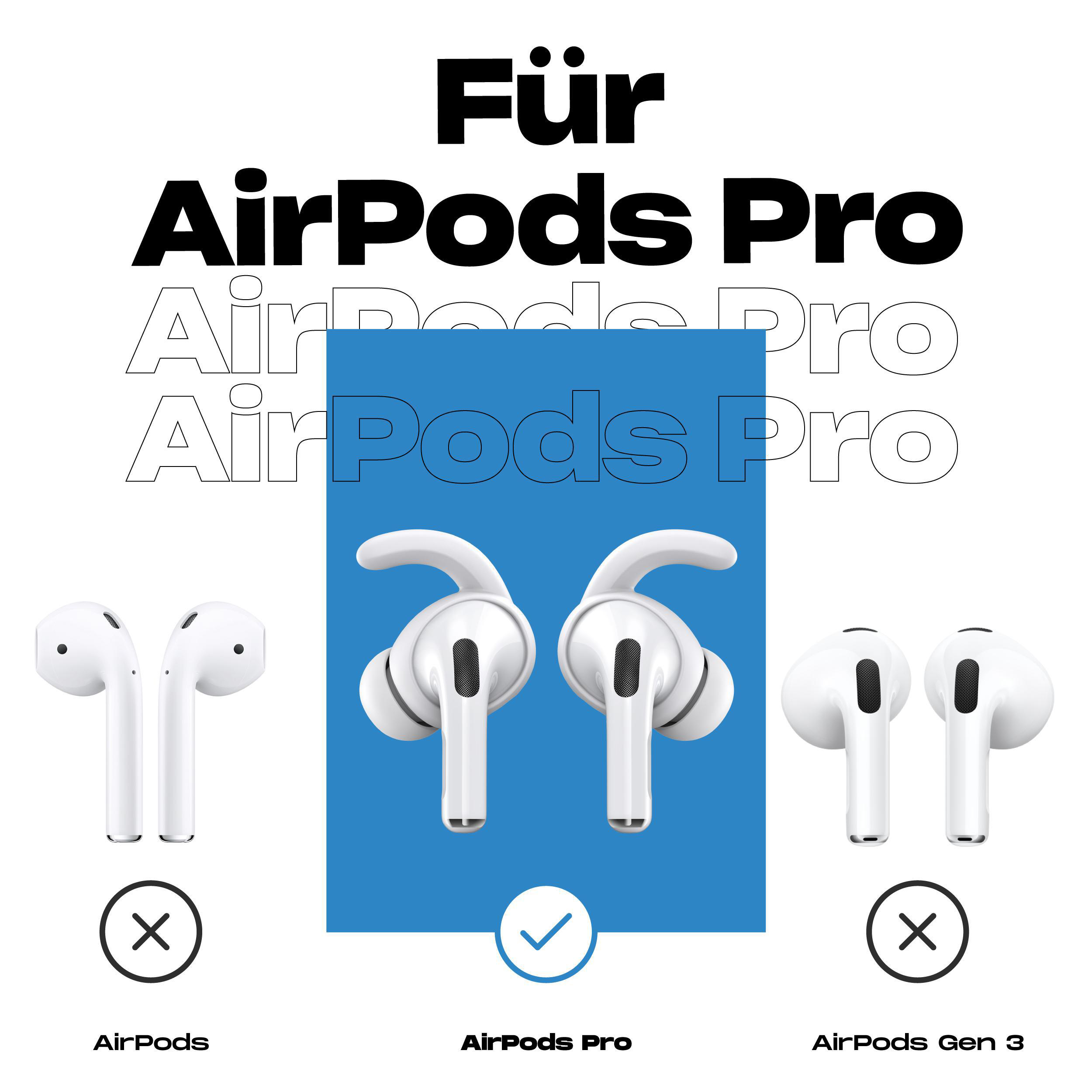 Das Bild zeigt AirPods Pro und Alternativen. Text auf Deutsch: Für AirPods Pro.