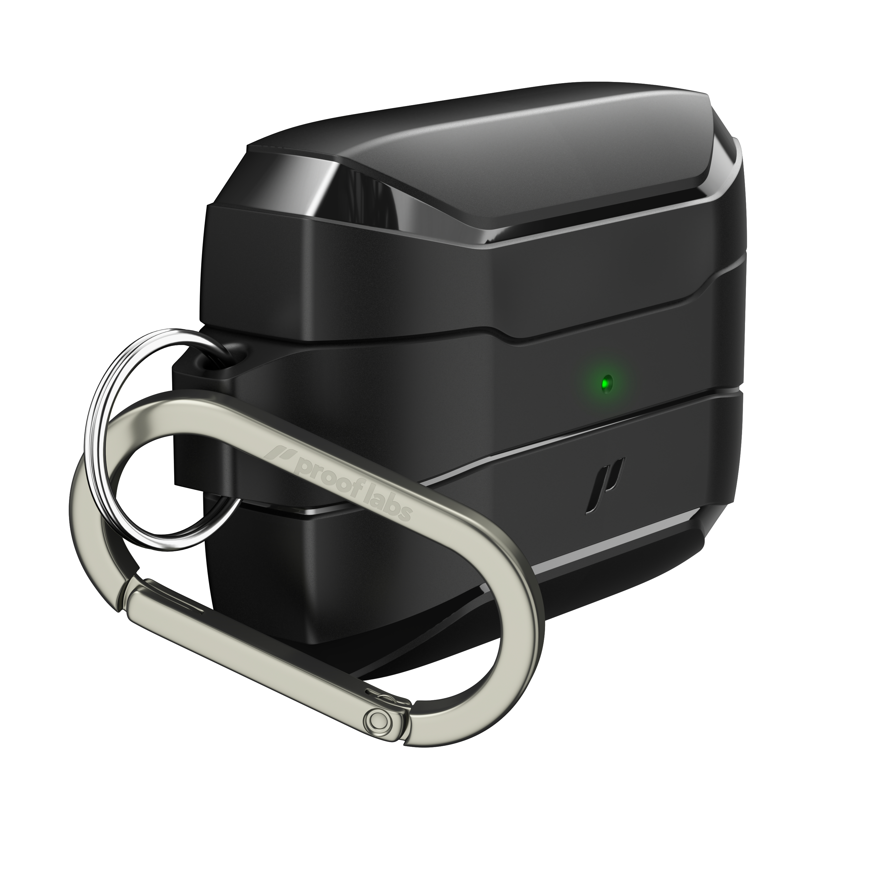Schwarzes, rechteckiges Etui mit silbernem Ring. Ein grünes Licht leuchtet.
