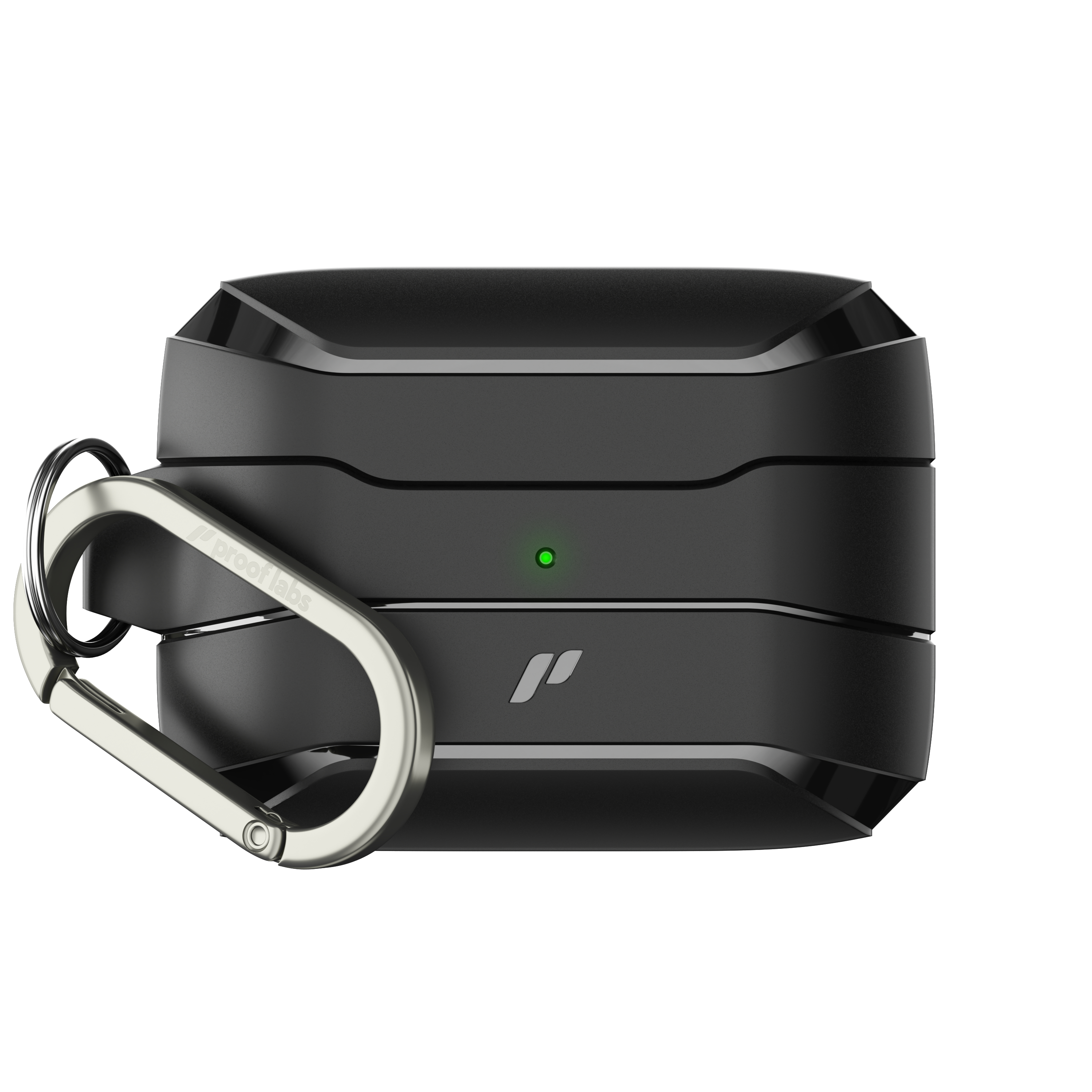 Ein schwarzes, rechteckiges AirPods-Etui mit silbernem Ring. Grüne Kontrollleuchte leuchtet.