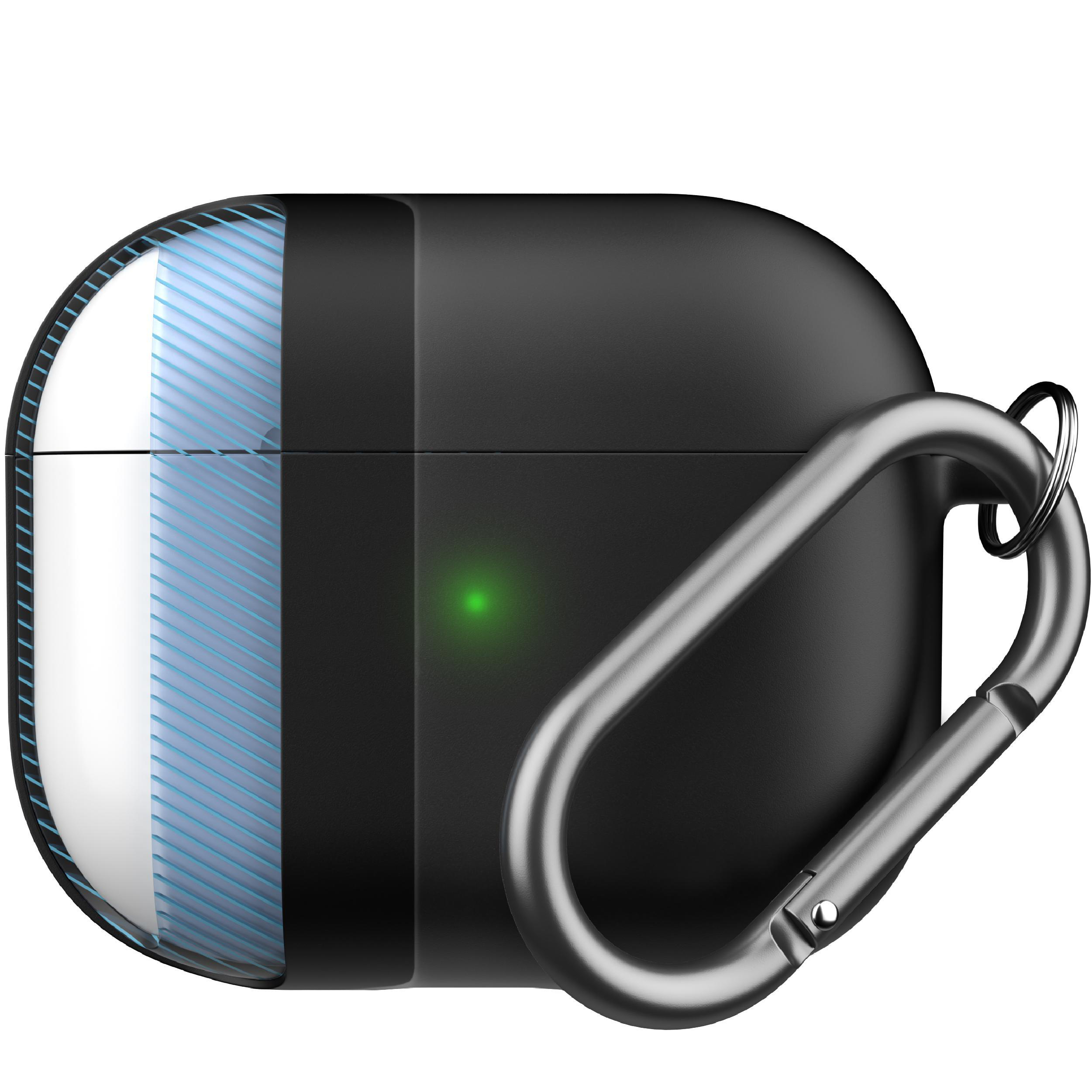 Schwarzes und transparentes AirPods-Etui mit angebrachtem silbernen Karabiner.