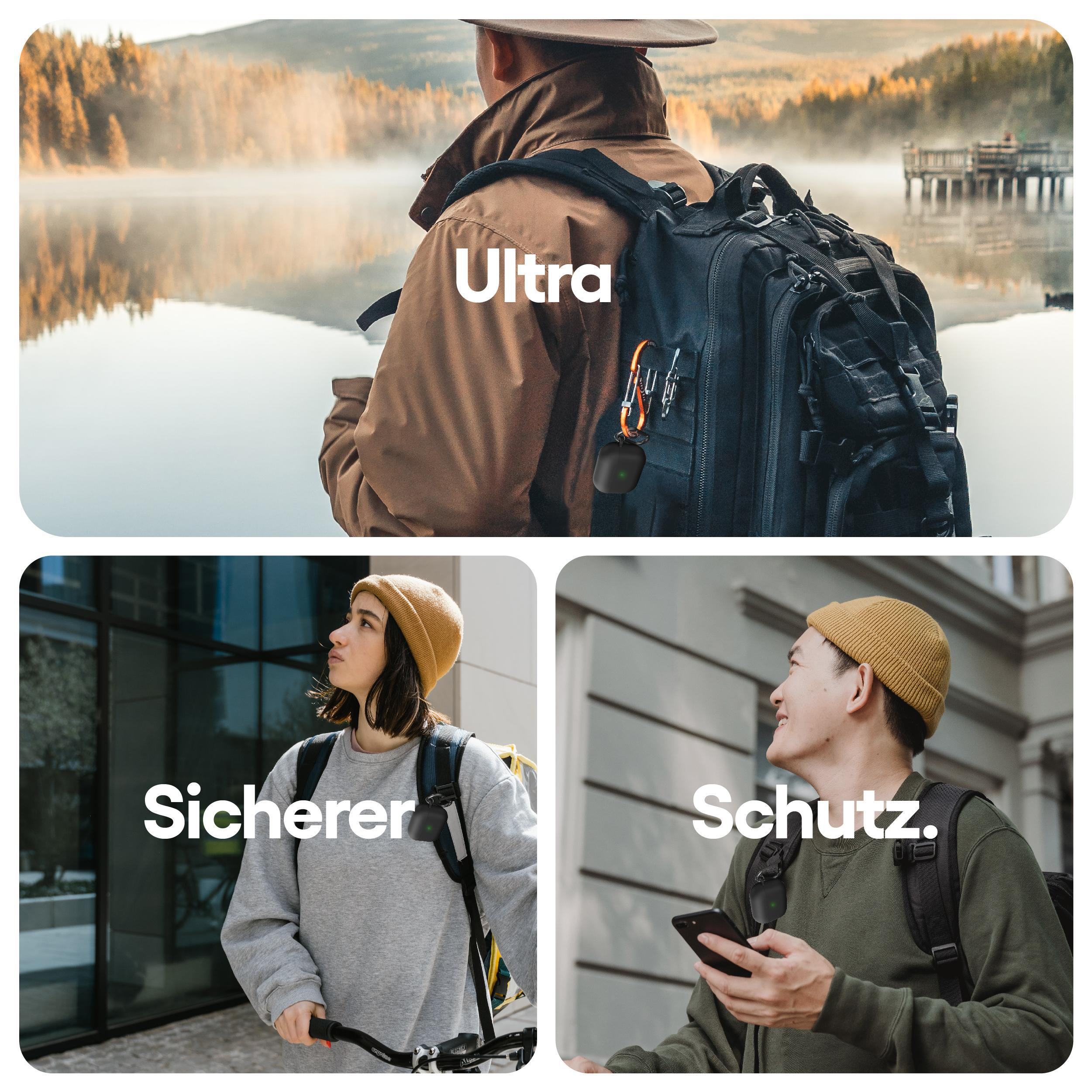 Drei Bilder zeigen Menschen mit Ultra-Ohrhörern und einem Rucksack sowie zwei Personen mit Rucksäcken.
