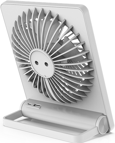 Weißer, faltbarer Ventilator. Flügeldesign sichtbar, mit USB-Anschlüssen am Sockel.