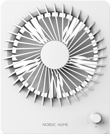 Weißer Schreibtischventilator mit kreisförmigem Design. Der Ventilator hat einen weißen Rahmen und silberne Flügel.