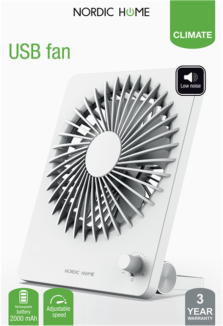 Weißer USB-Ventilator mit Lüfter, Nordic Home-Logo und Bedienknopf. Merkmale sind Akku und Geschwindigkeitsregelung.