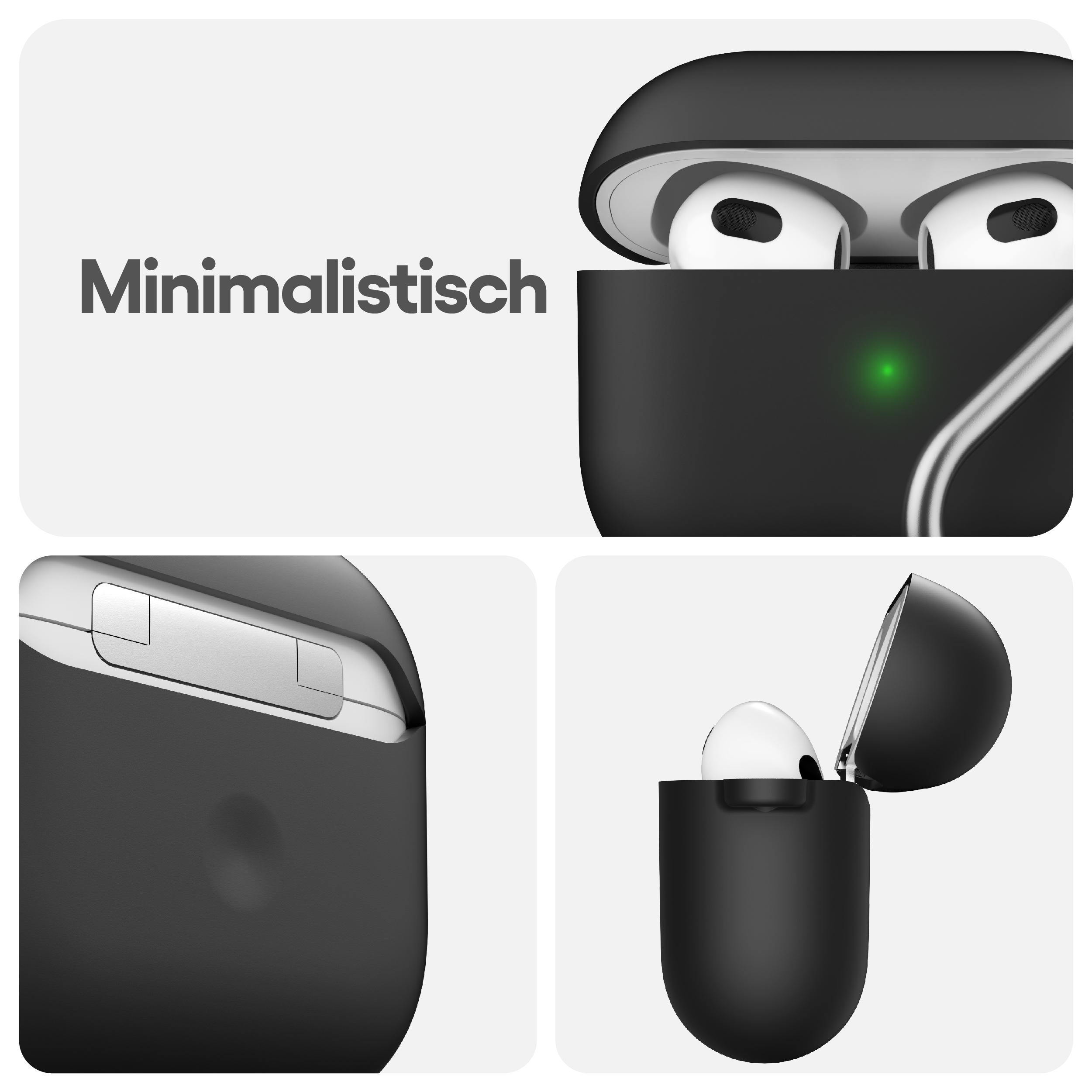 Eine schwarze Hülle mit weißen Ohrhörern, in separaten Bildern. Das Wort 'Minimalistisch' wird auch angezeigt.