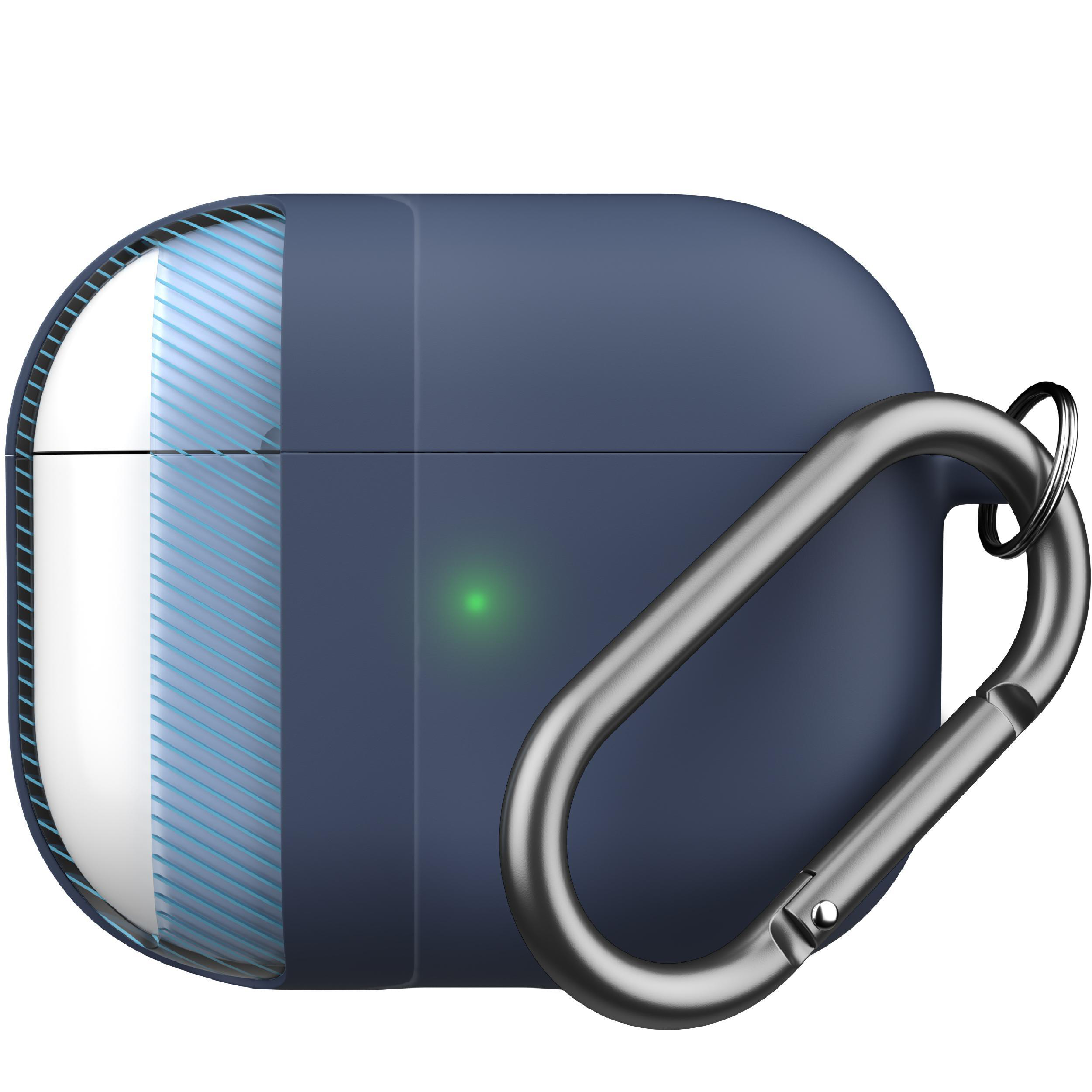 Eine dunkelblaue Hülle für Ohrhörer mit einem silbernen Karabiner. Ein grünes Licht ist sichtbar.