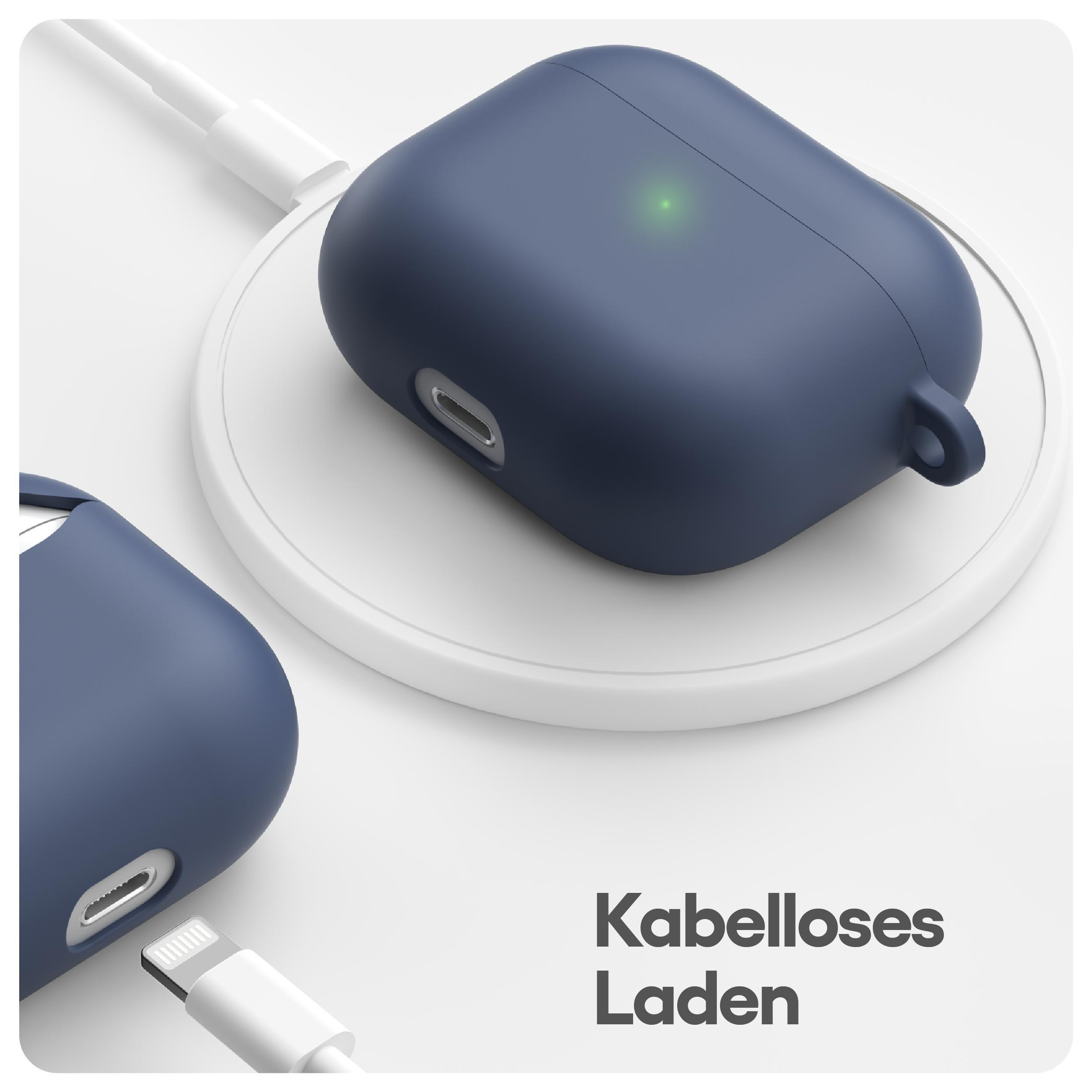 Ein marineblaues AirPods-Case auf einem weißen Ladepad, mit weißem Ladekabel. Text: "Kabelloses Laden".