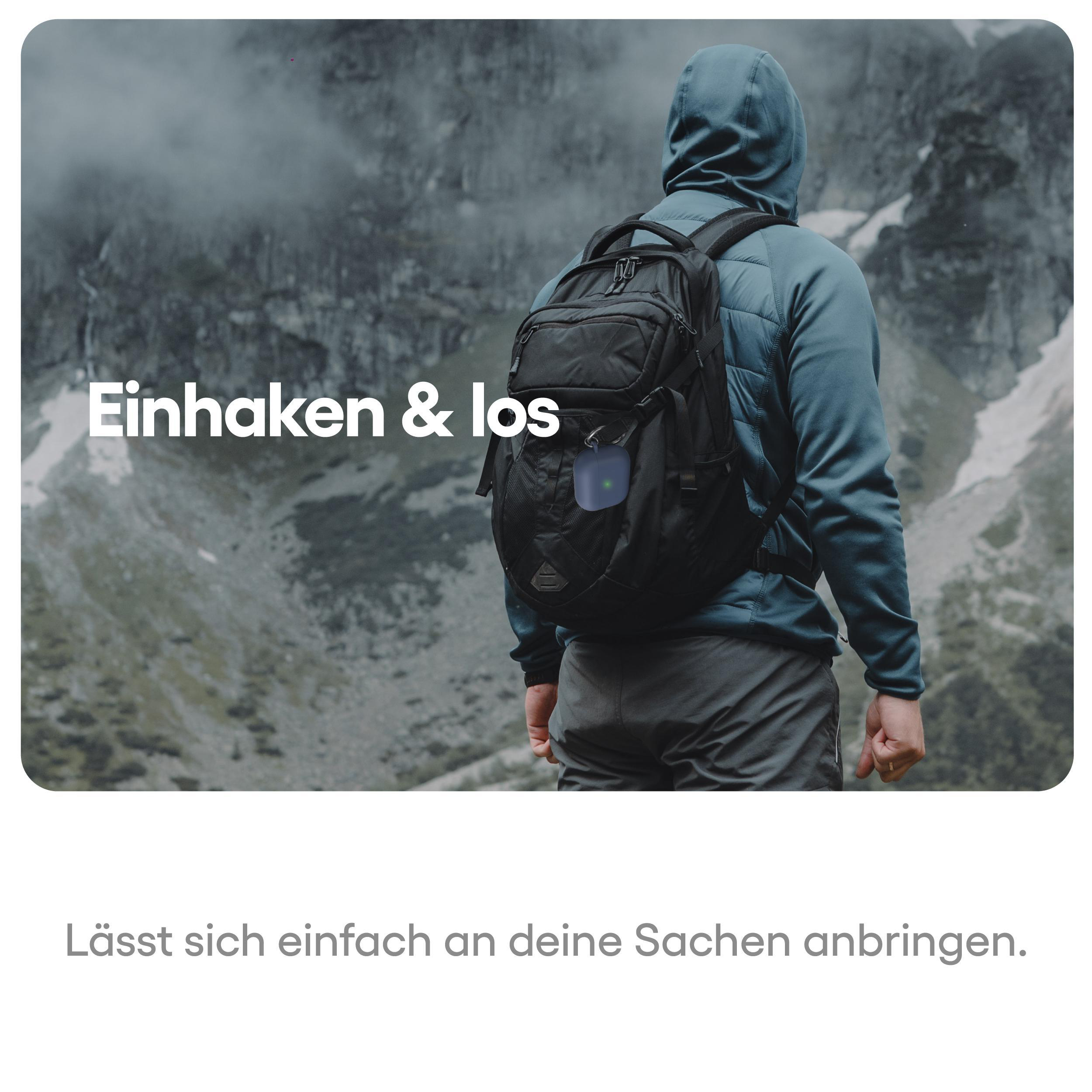 Person mit Rucksack, Text: Einhaken & los, vor Bergkette.