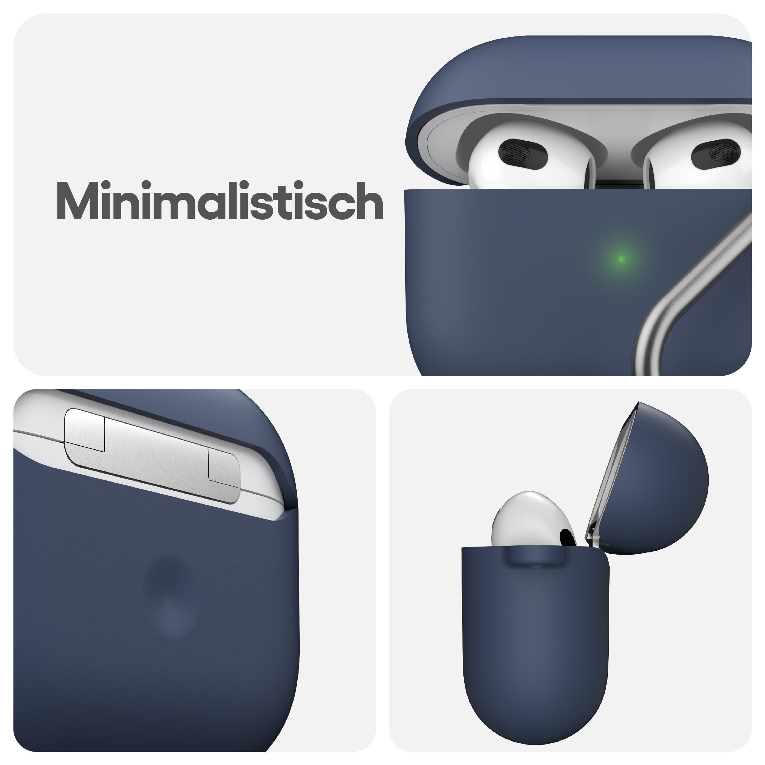 Vier Bilder eines dunkelblauen AirPods-Etuis und AirPods. Das Wort Minimalistisch steht über dem Etui.