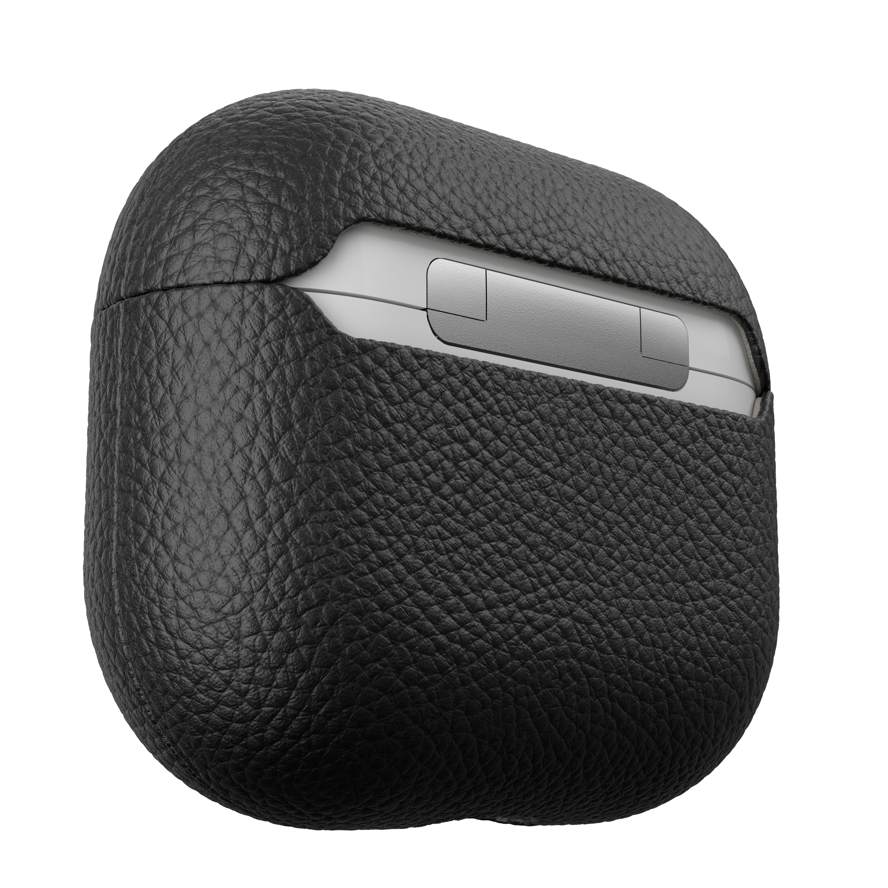 Schwarzes Leder-AirPods-Etui. Das Etui ist geschlossen.