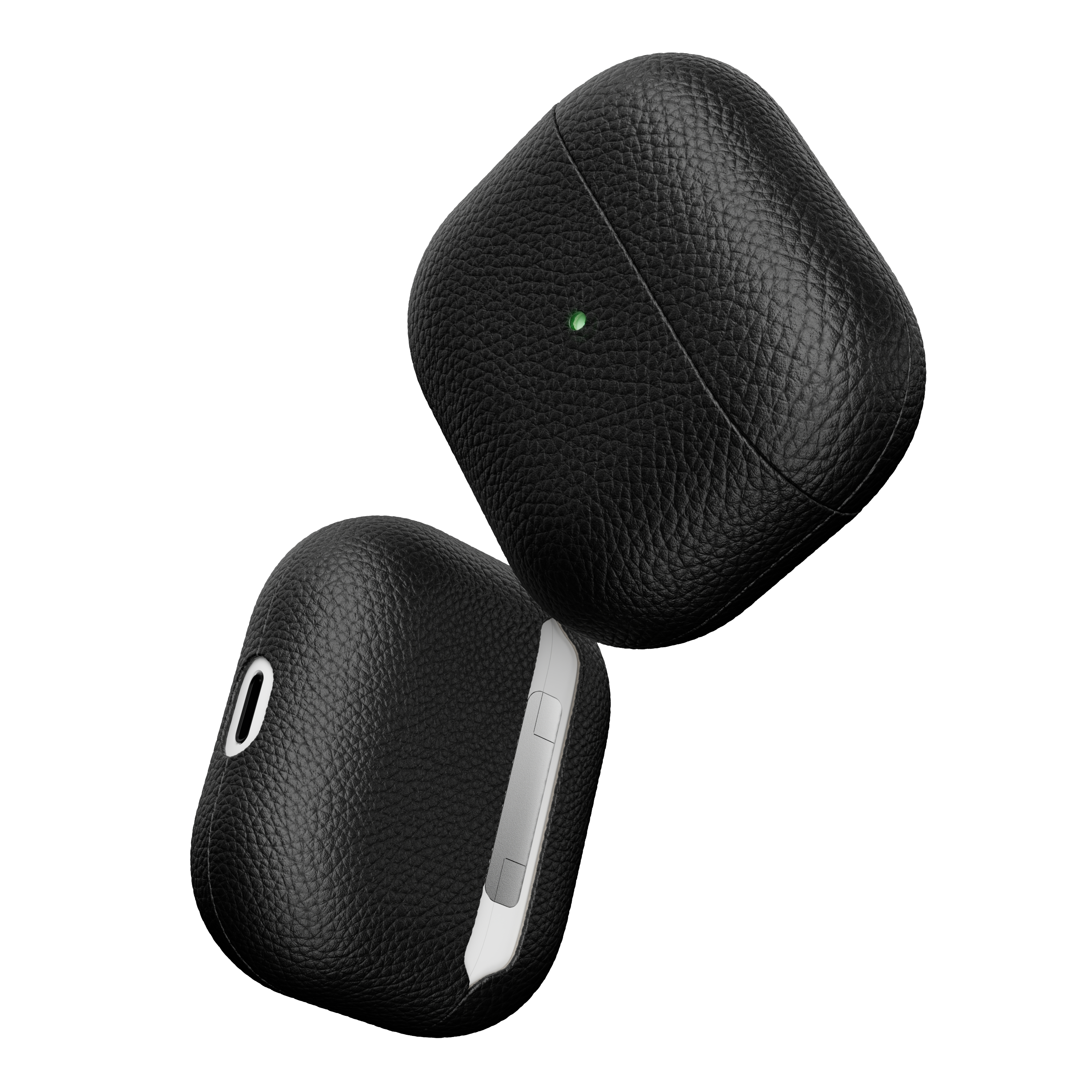 Schwarzes Leder-AirPods Pro-Etui. Ein Etui offen, das Innere weiß, das andere geschlossen.