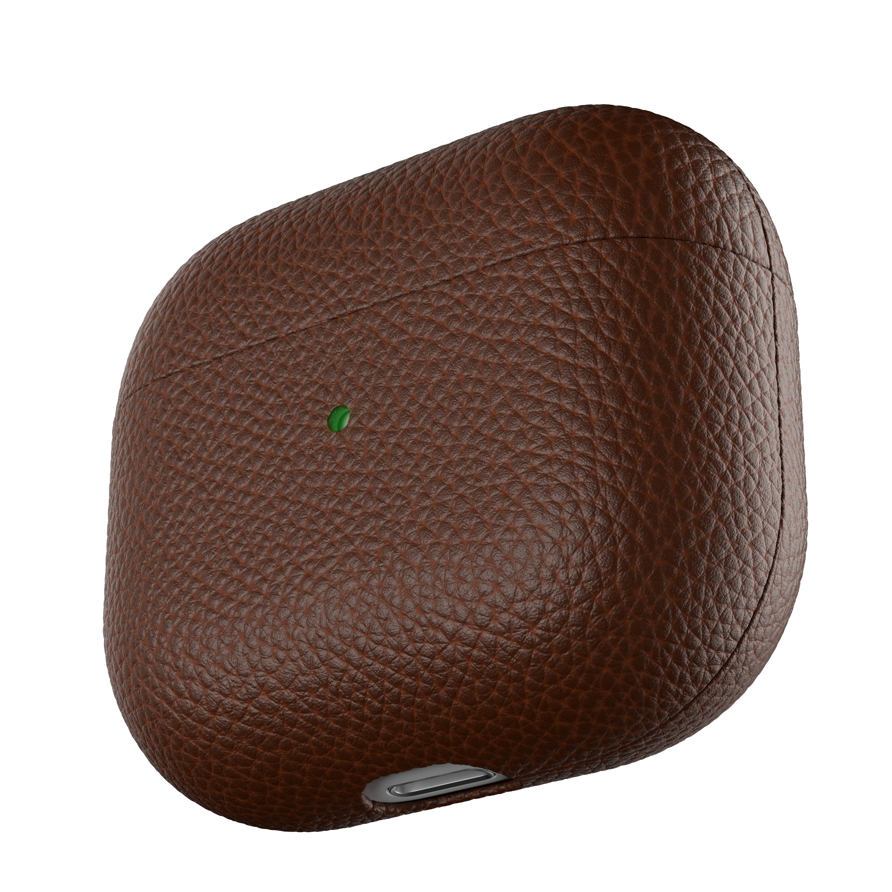Ein braunes Leder-AirPods-Etui mit grüner Lichtanzeige auf weißem Hintergrund.