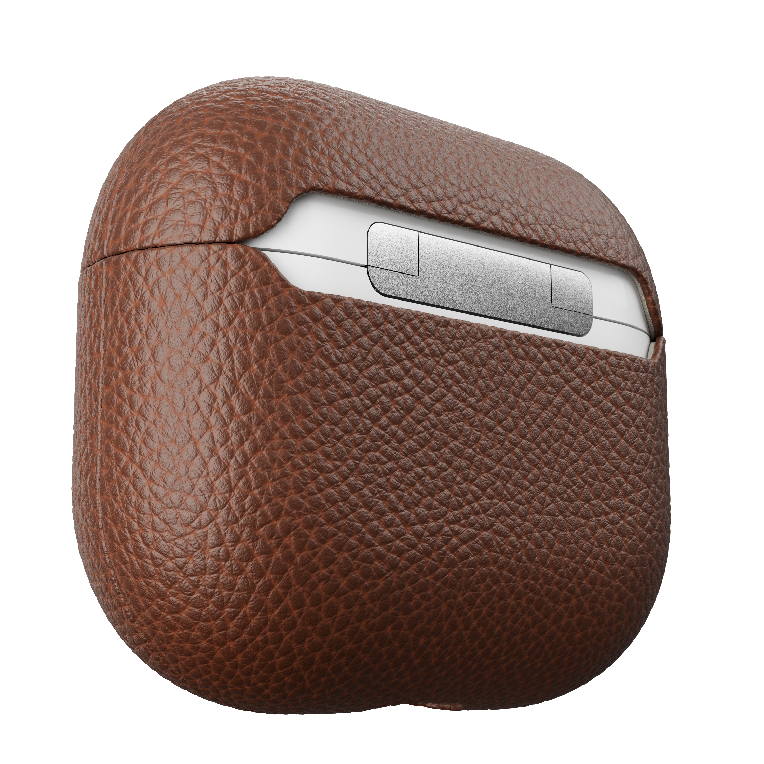 Eine braune Ledertasche für AirPods. Die Tasche ist geöffnet und zeigt ein weißes Innere.