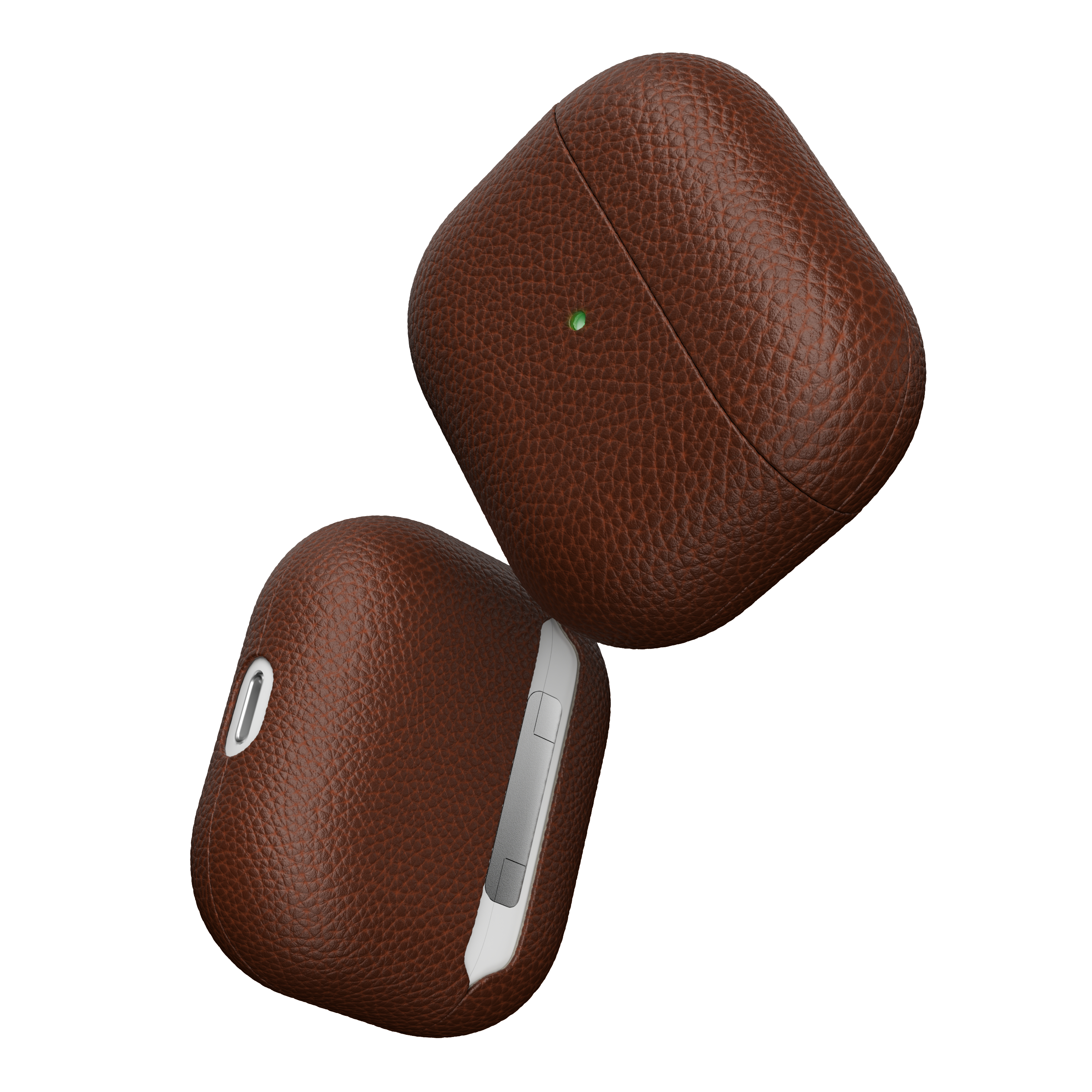 Braunes Leder-AirPods Pro Case, geöffnet mit weißem Innenraum.