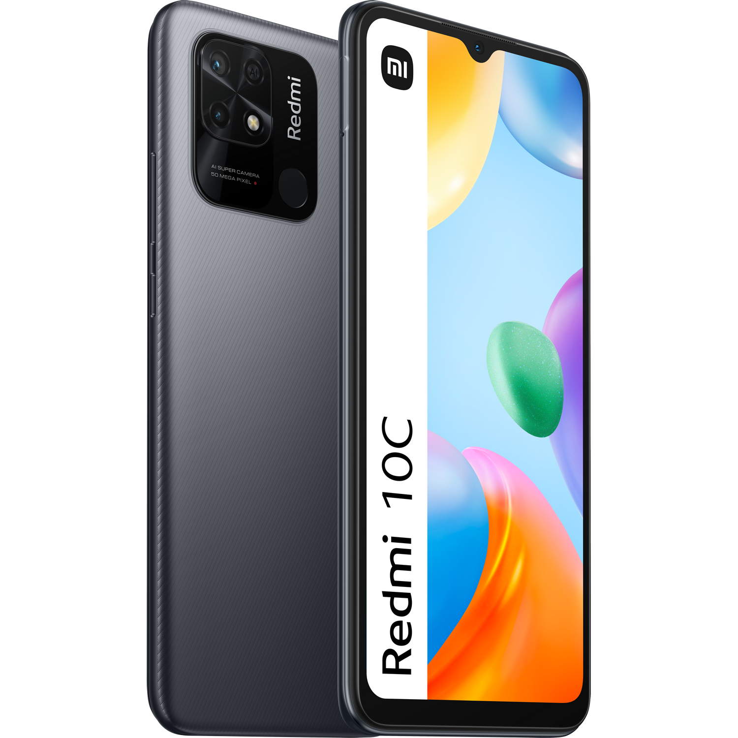 Un teléfono inteligente Redmi 10C gris oscuro, que muestra la parte trasera con cámaras y la pantalla frontal.