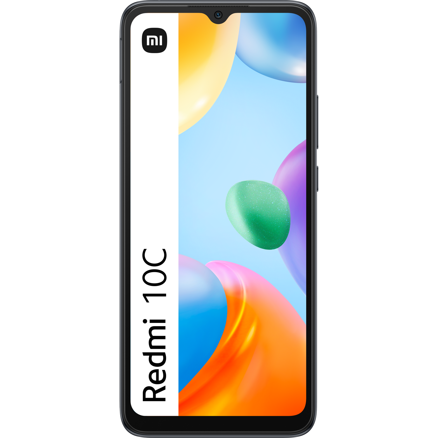 Un smartphone Xiaomi Redmi 10C con gráficos coloridos en la pantalla, borde negro, fondo blanco.