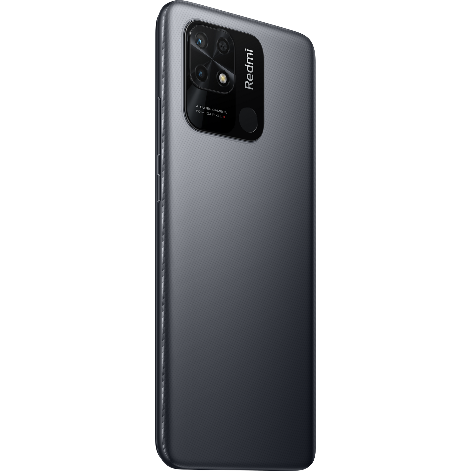 Parte trasera del teléfono Redmi gris oscuro, triple cámara, logo Redmi.