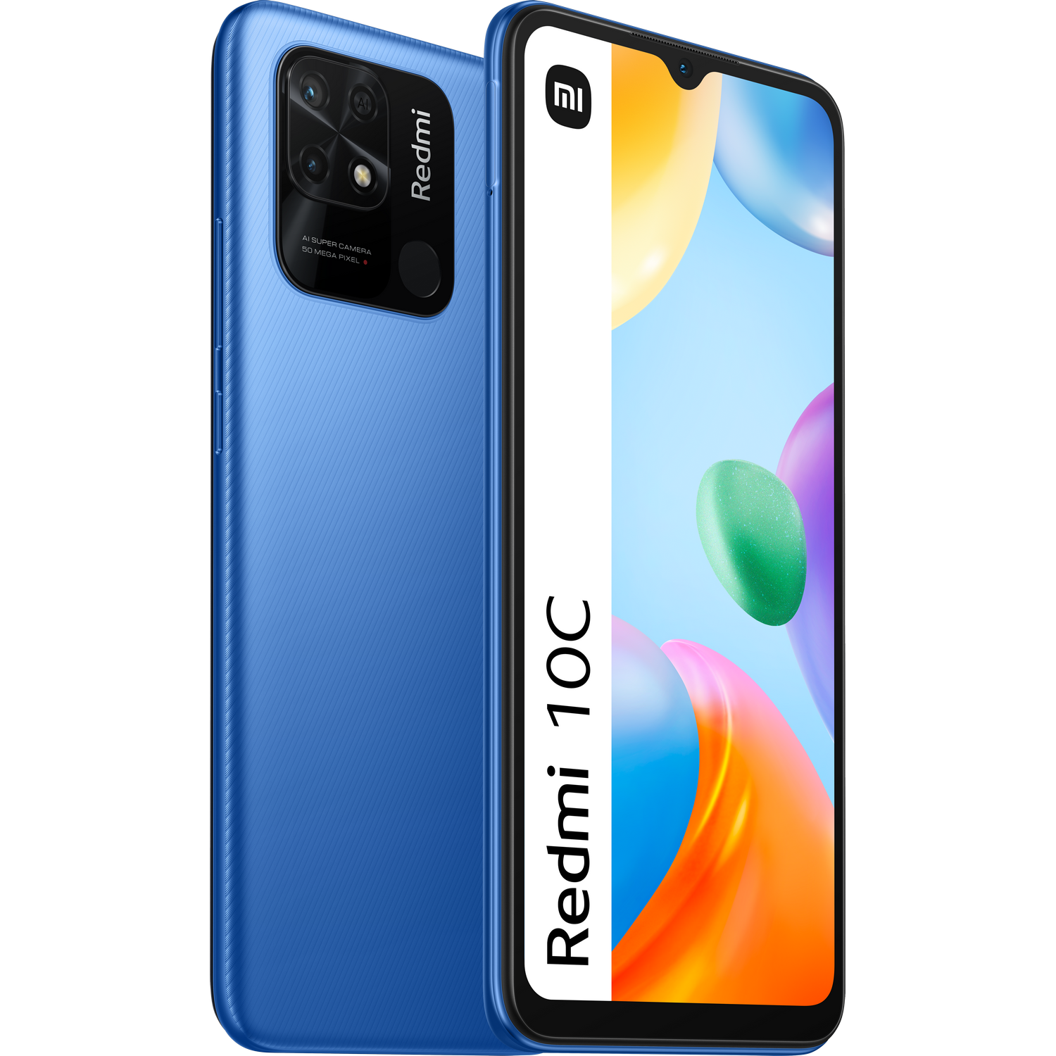 Teléfono azul Redmi 10C sobre fondo blanco, mostrando la cámara.
