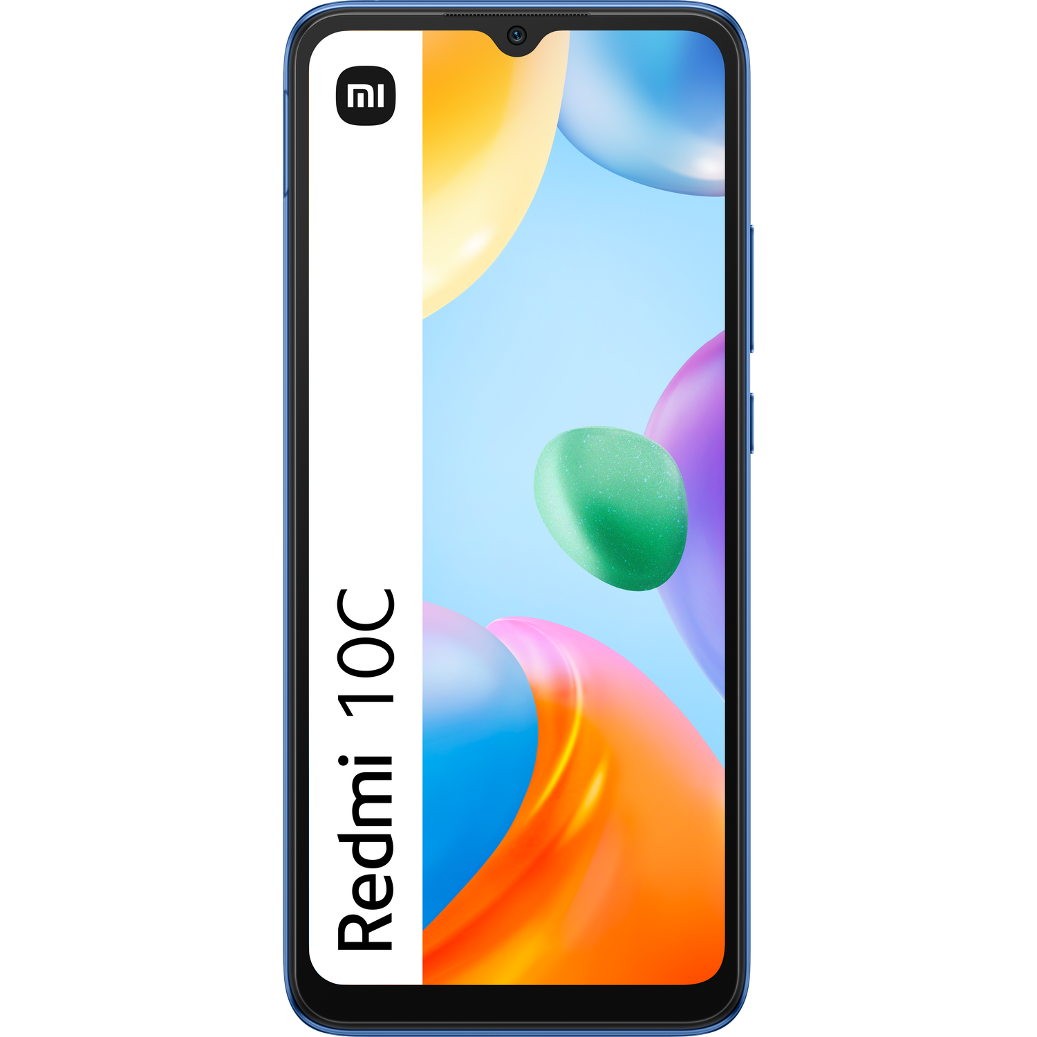 Smartphone azul con una banda vertical blanca con el logotipo de Redmi 10C.