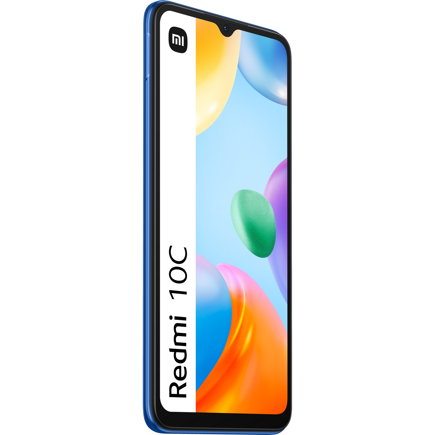 Teléfono Redmi 10C azul, barra blanca con texto Redmi 10C en el lateral, fondo colorido.