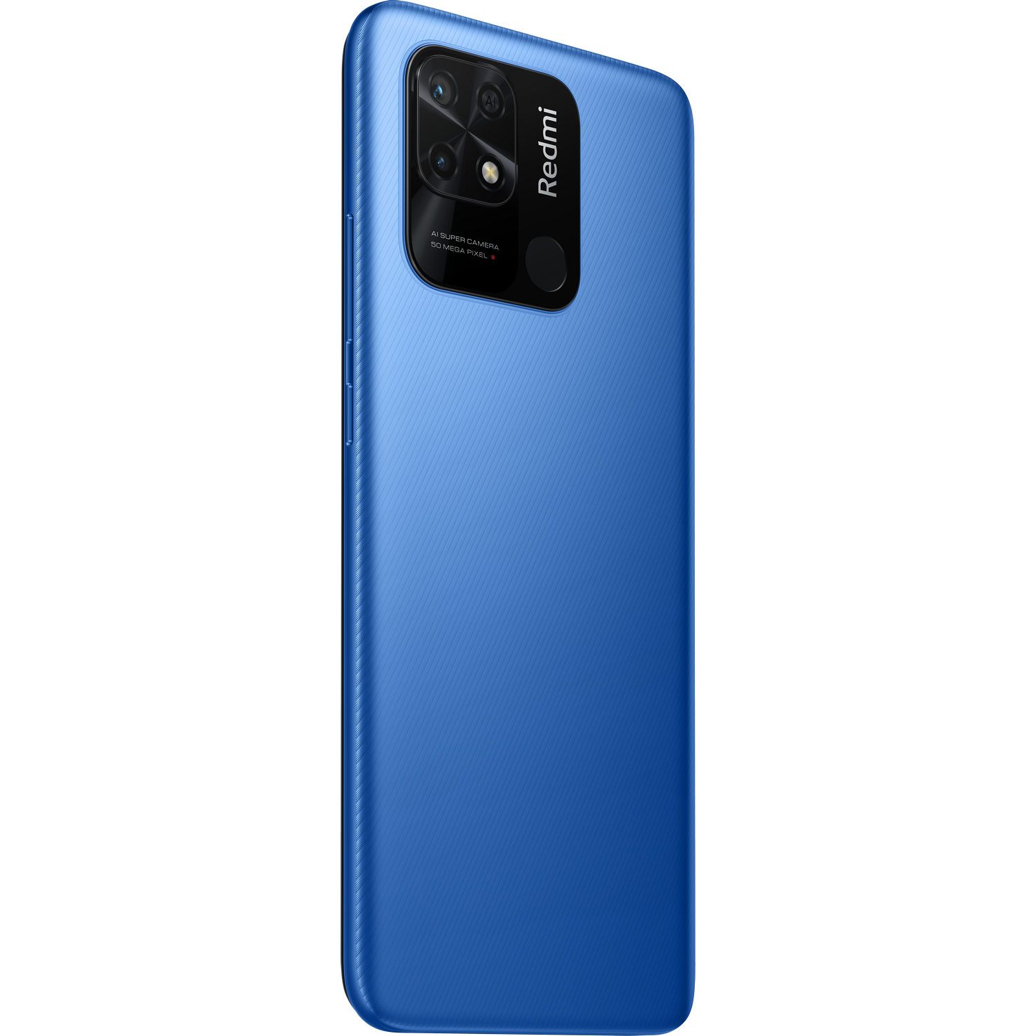 Teléfono Redmi azul, vista trasera, con módulo de cámara.