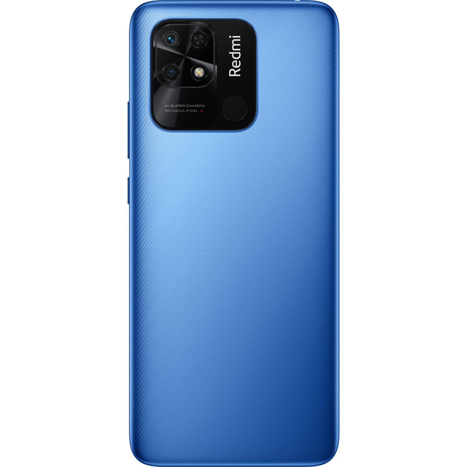 Un teléfono Redmi azul, vista trasera. Tiene un módulo de cámara y el logotipo de Redmi. La parte trasera tiene una textura.