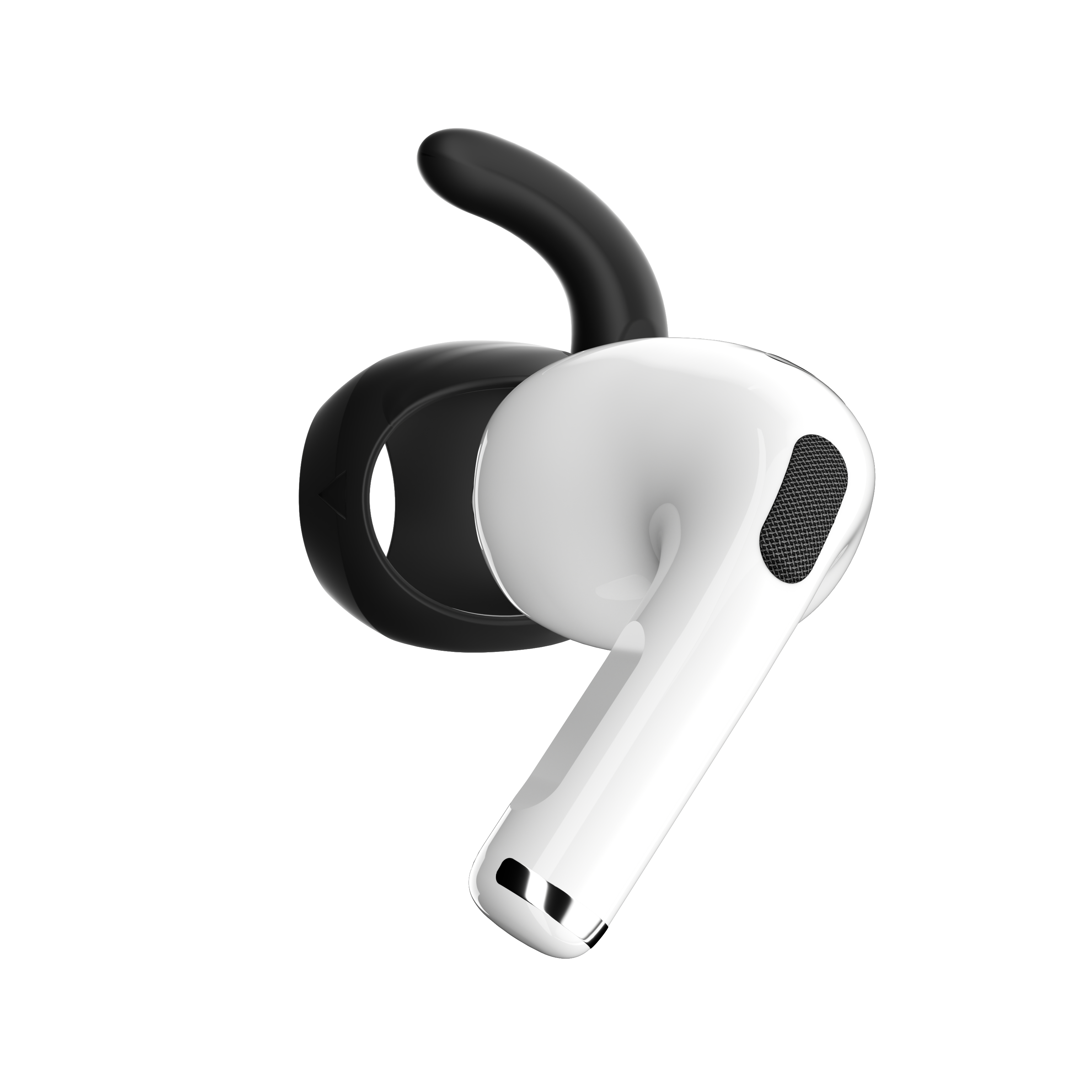 Weißer AirPod mit angebrachtem schwarzen Ohrhaken. Der Haken umschließt den AirPod.