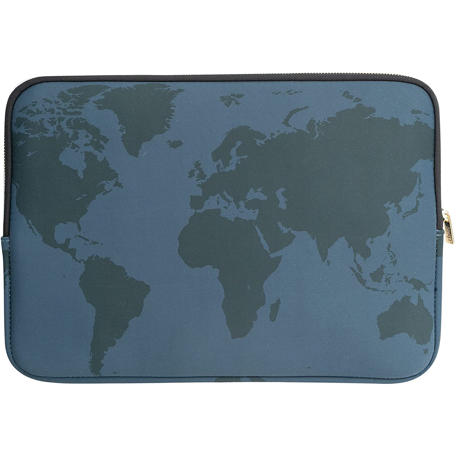 Una funda azul para portátil con un diseño de mapa del mundo.