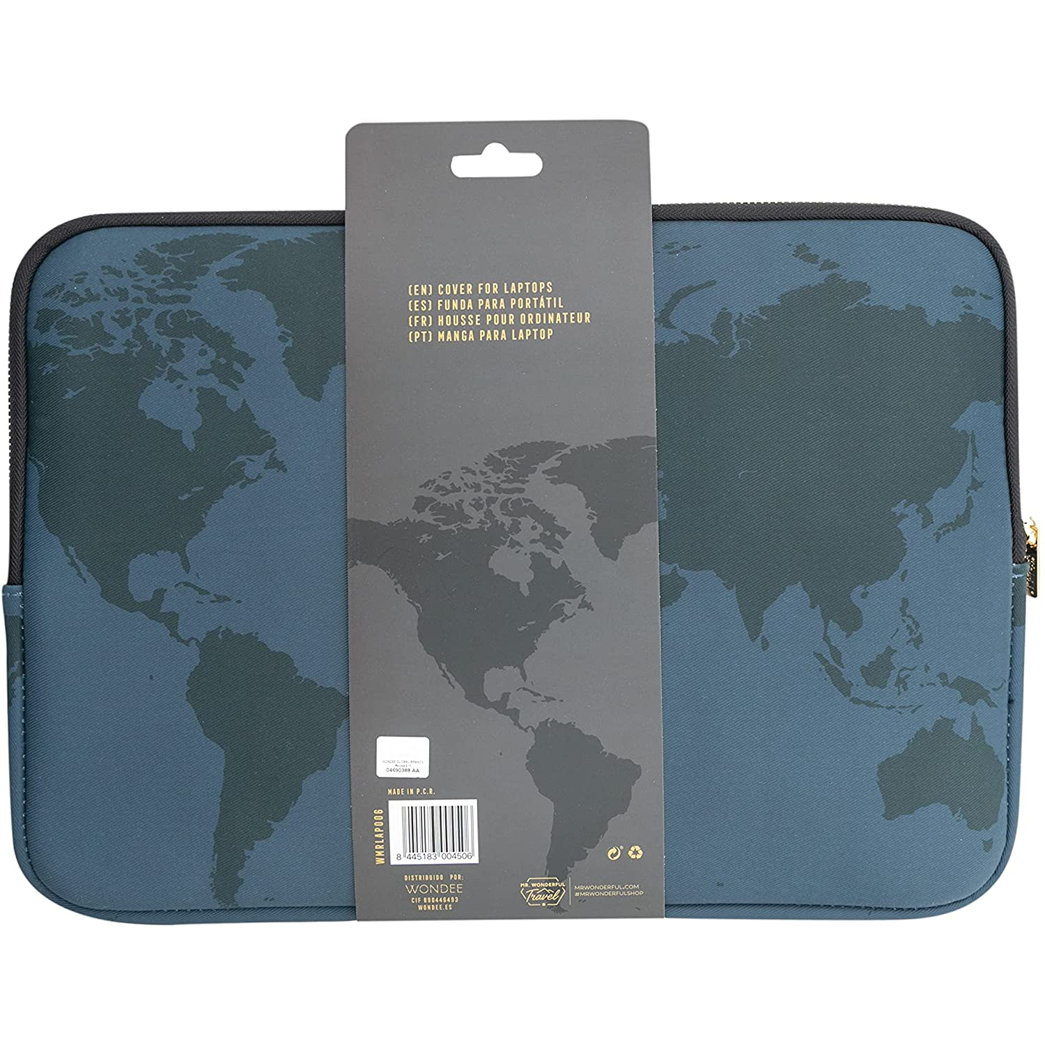 Funda para portátil con diseño de mapa del mundo azul. Ribete negro con cremallera. Texto: COVER FOR LAPTOPS.