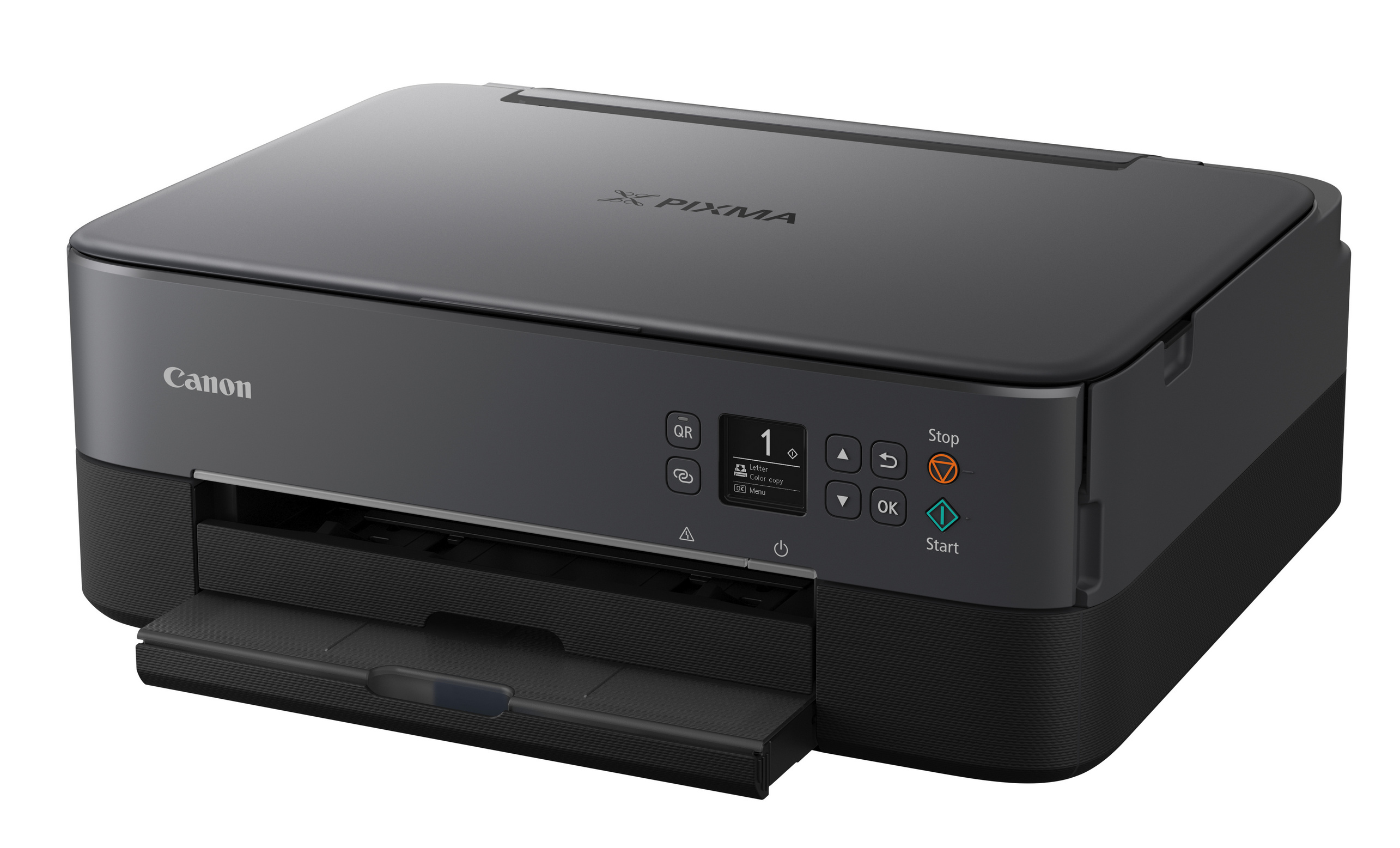 Ein schwarzer Canon Pixma Drucker mit Bedienfeld und Papierfach. Weißer Hintergrund.