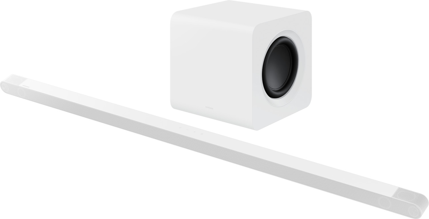 Witte soundbar en subwoofer systeem.