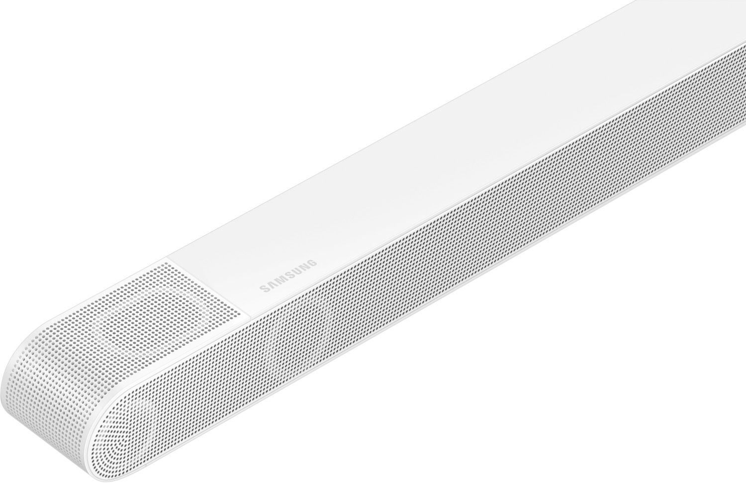 Witte Samsung soundbar. Het heeft een afgerond ontwerp met veel kleine gaatjes.