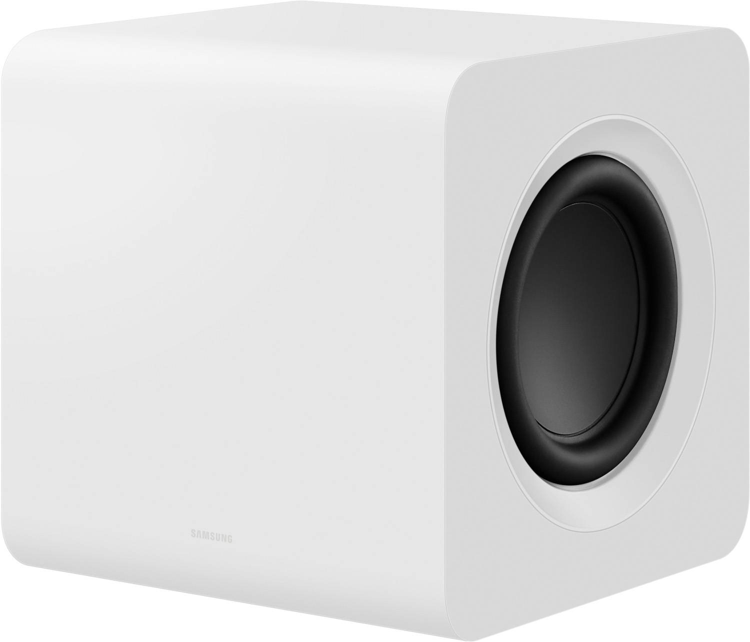 Witte subwoofer met een grote cirkelvormige luidspreker en een minimalistisch ontwerp.