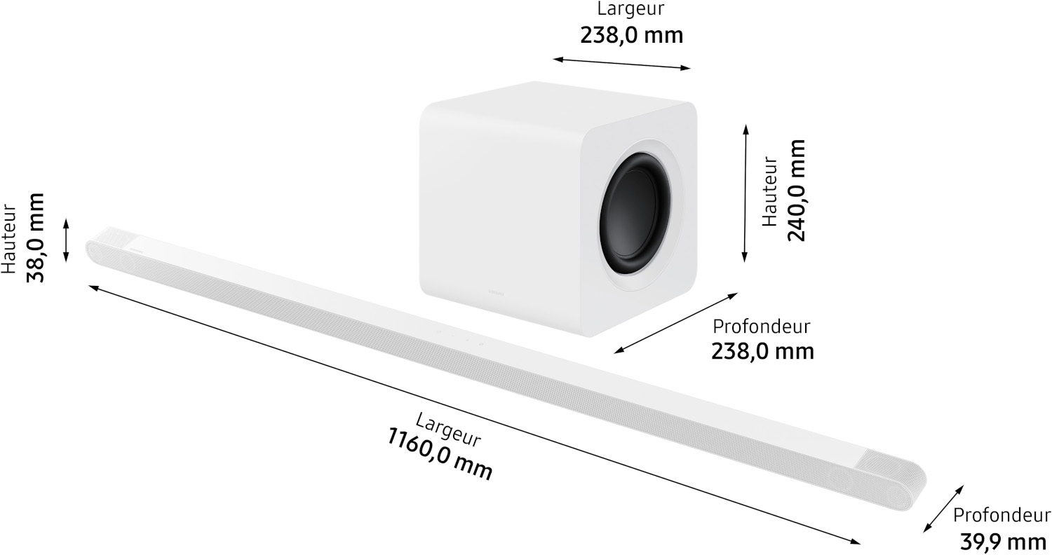 Een witte soundbar, subwoofer en afmetingen worden getoond tegen een witte achtergrond.