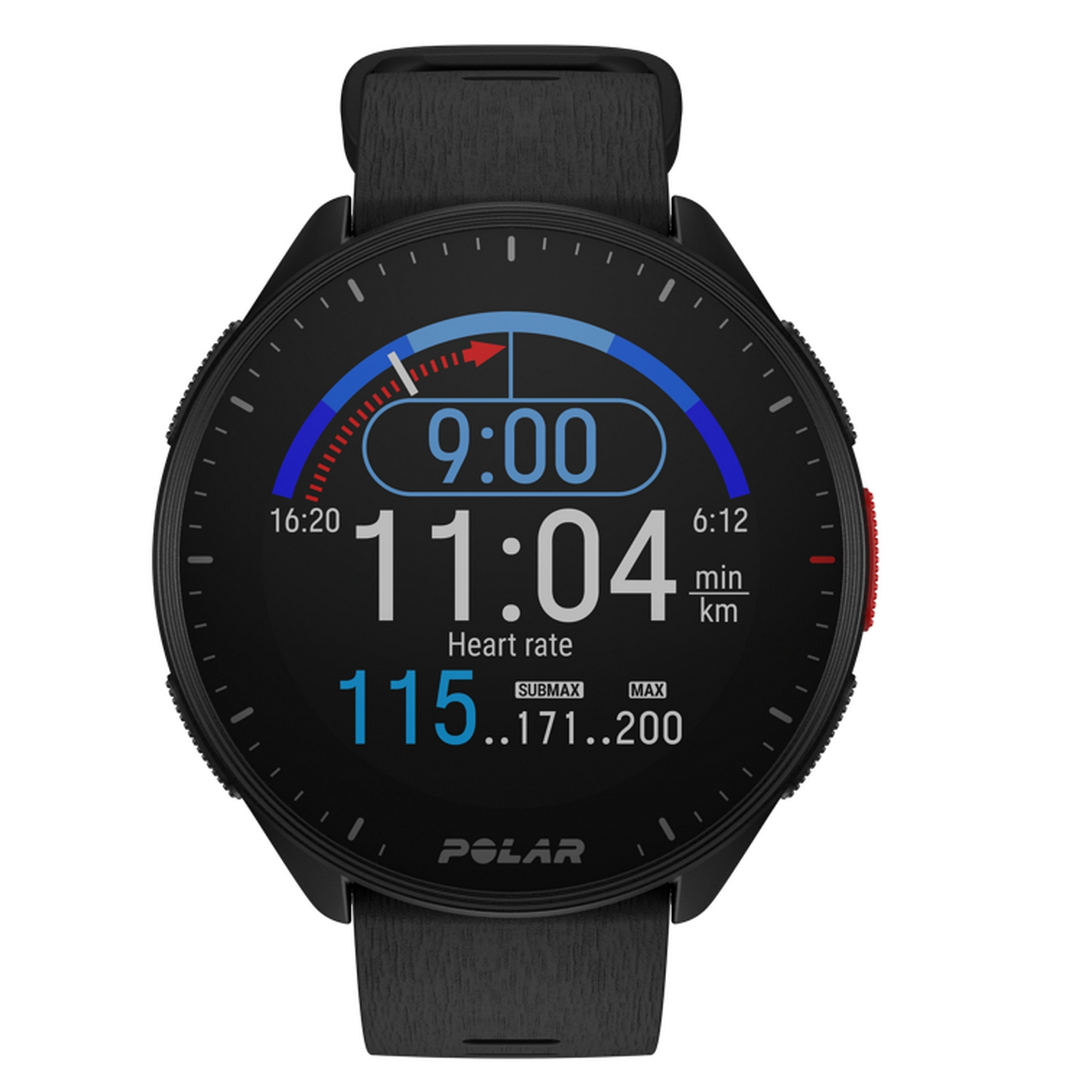 Reloj inteligente Polar negro que muestra la hora, la frecuencia cardíaca y otras métricas, con una correa negra.