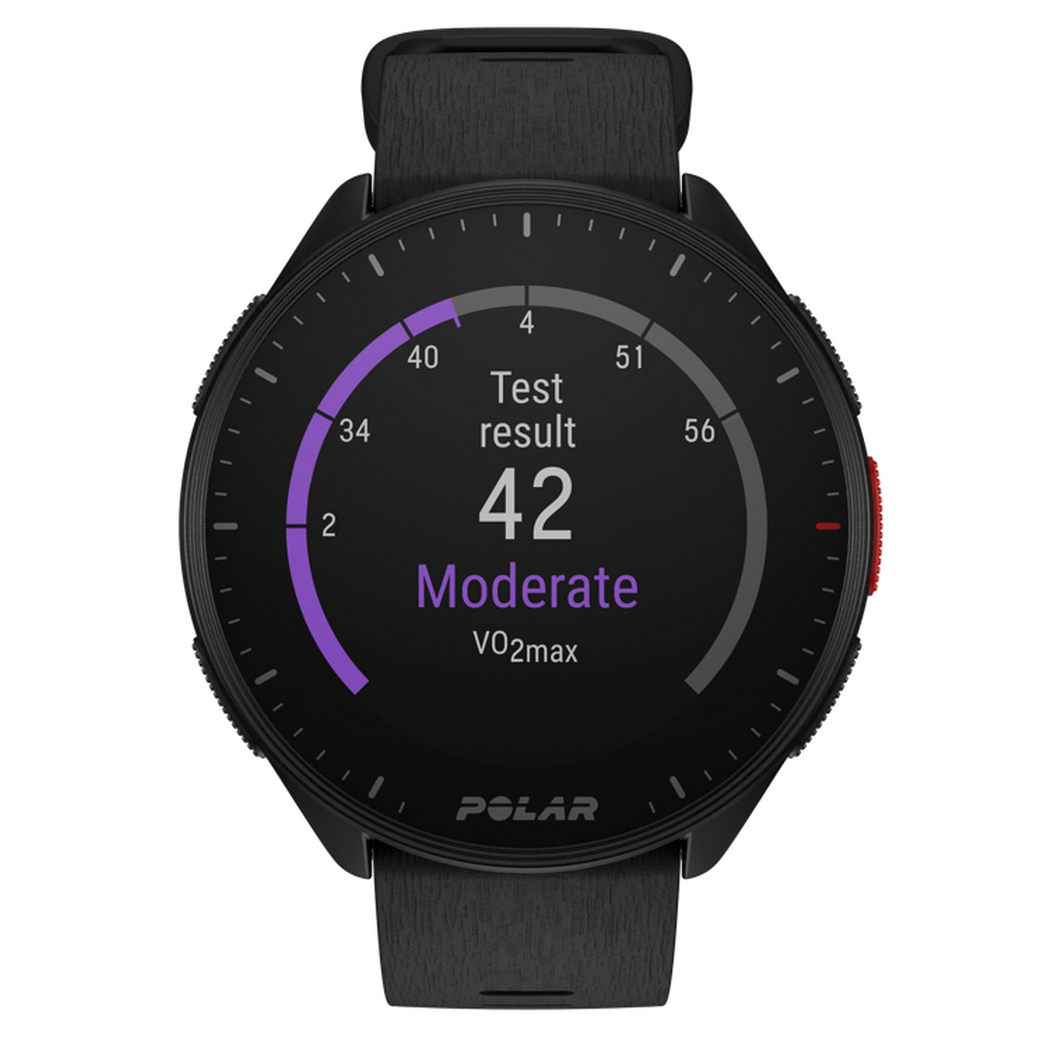 Pantalla de reloj de fitness mostrando resultado de prueba 42, VO2max moderado.